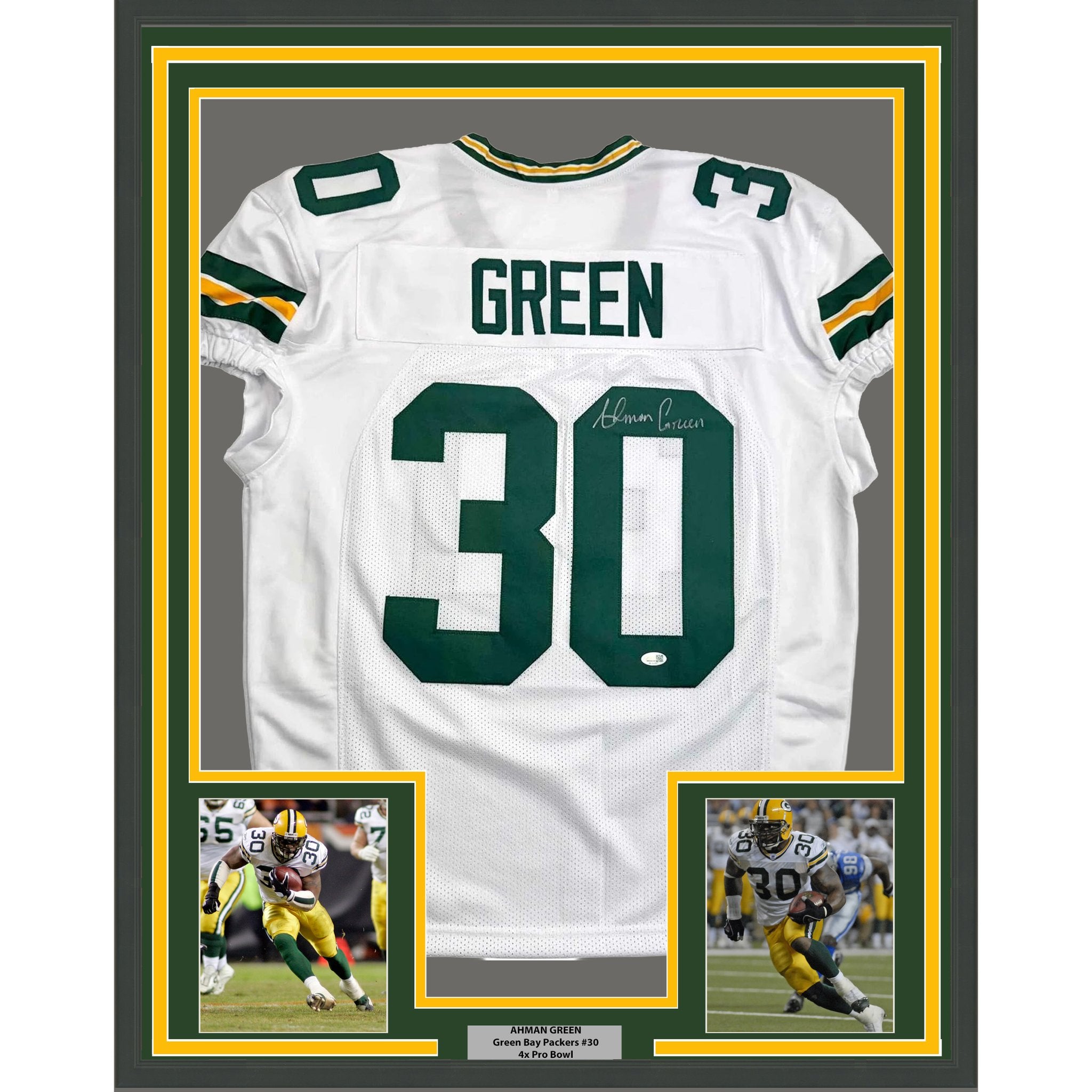 Framed Autographed/Signed Ahman Green 35x39 Green Bay White Football Jersey JSA COA