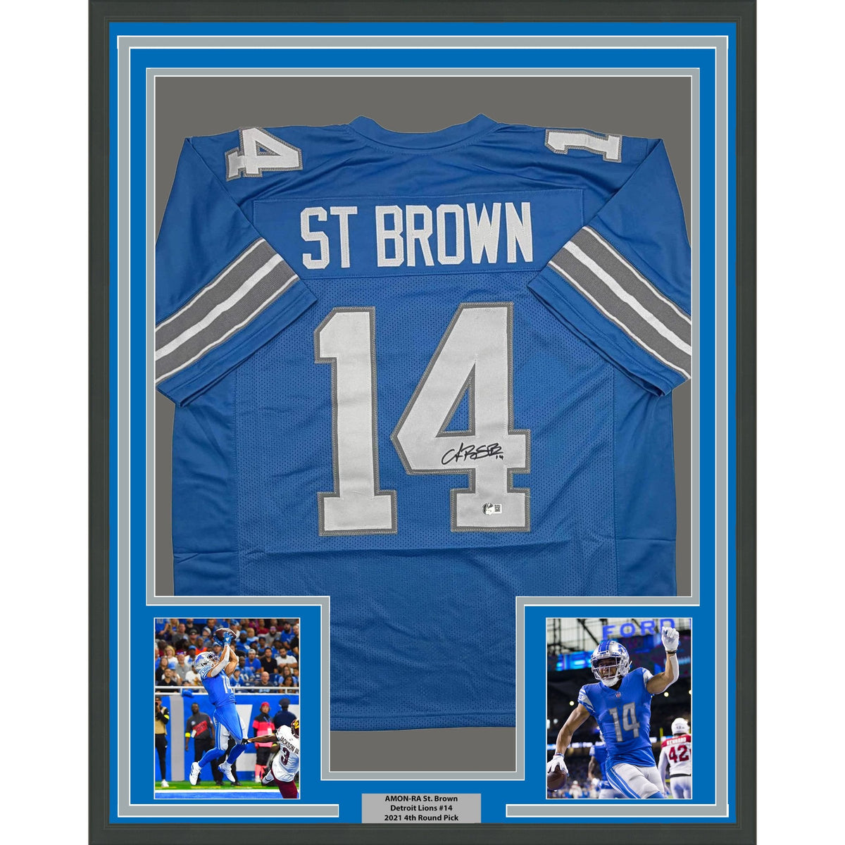 Framed Autographed/Signed Amon-Ra St. Brown 35x39 Detroit Current Blue Football Jersey Beckett BAS COA