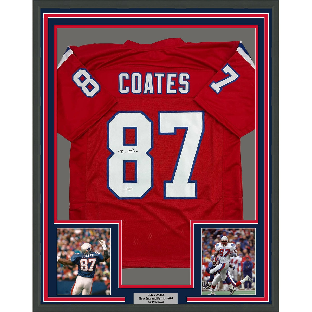 Framed Autographed/Signed Ben Coates 35x39 New England Red Football Jersey JSA COA