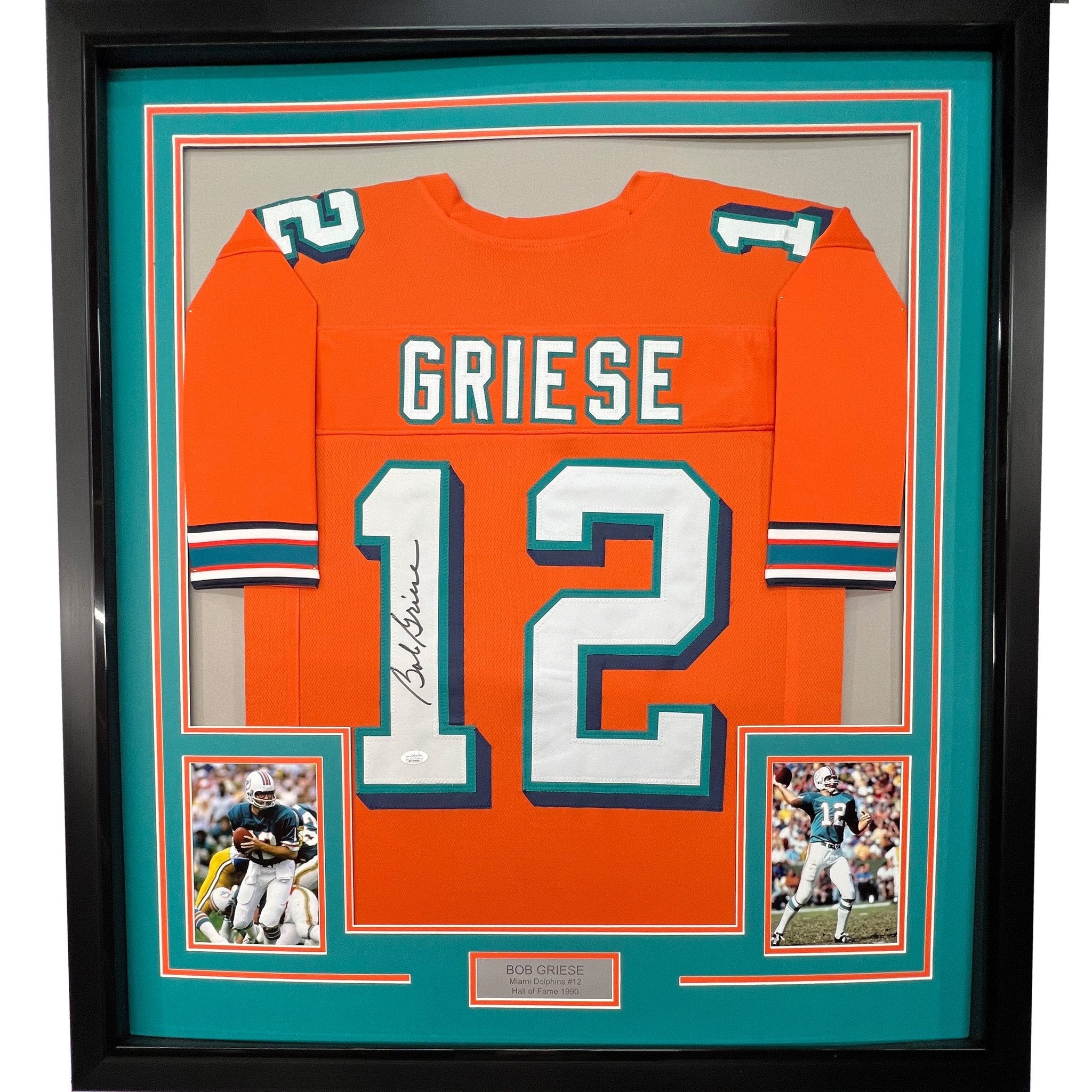 Framed Autographed/Signed Bob Griese 35x39 Miami Orange Football Jersey JSA COA