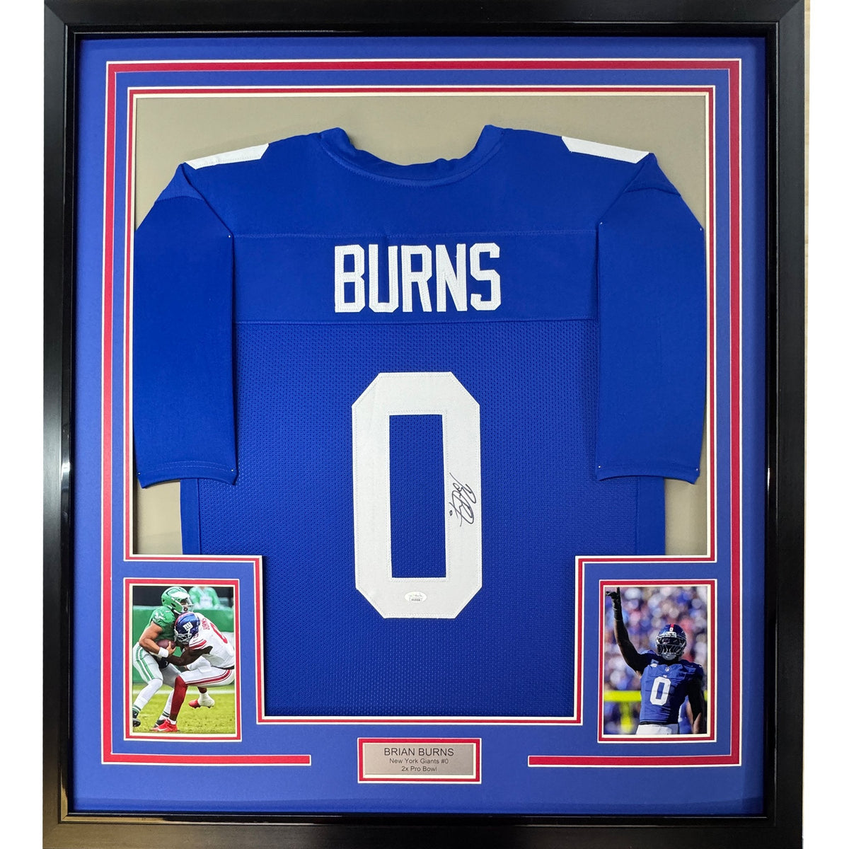 Framed Autographed/Signed Brian Burns 35x39 New York Blue Football Jersey JSA COA