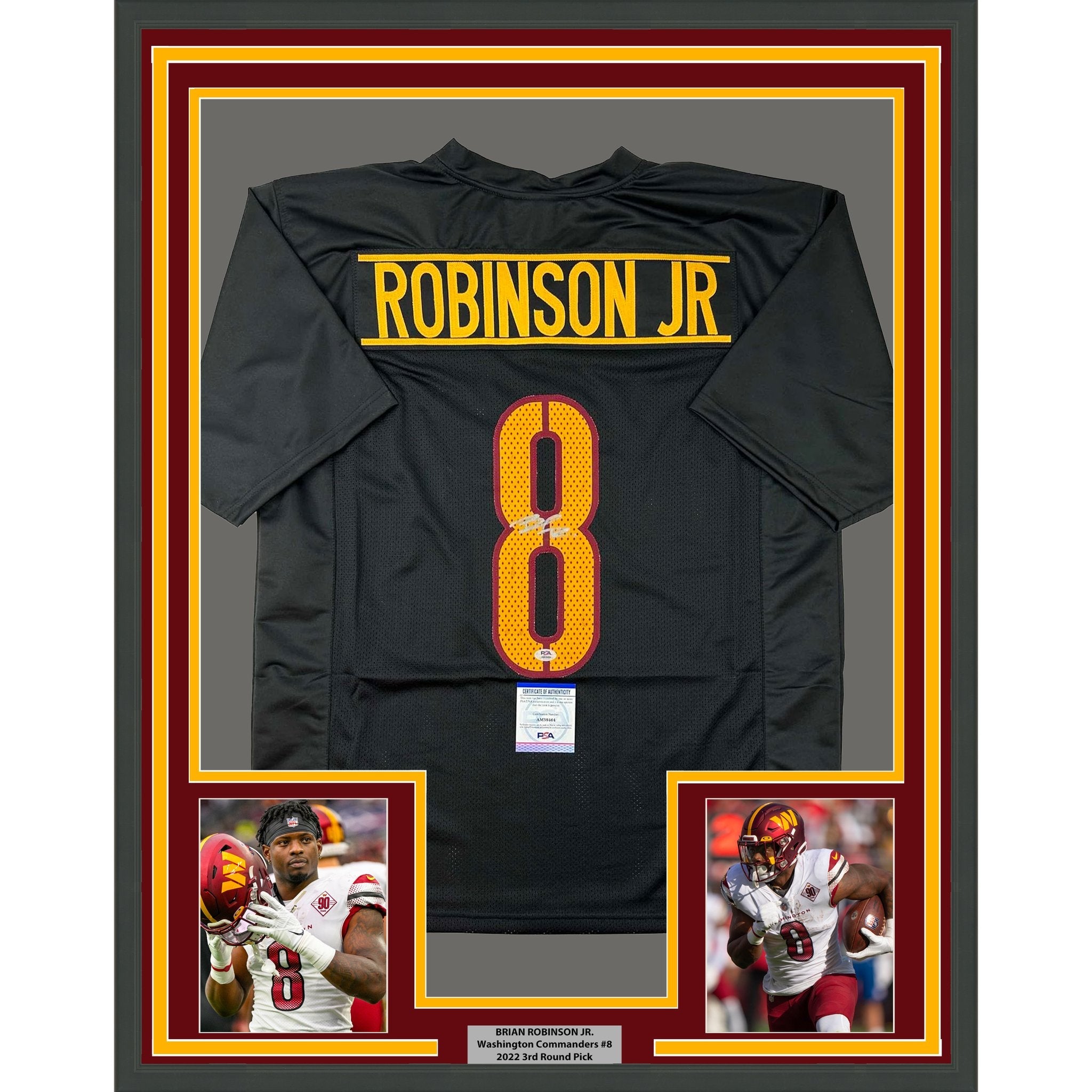 Framed Autographed/Signed Brian Robinson Jr. 35x39 Washington Black Football Jersey PSA/DNA COA