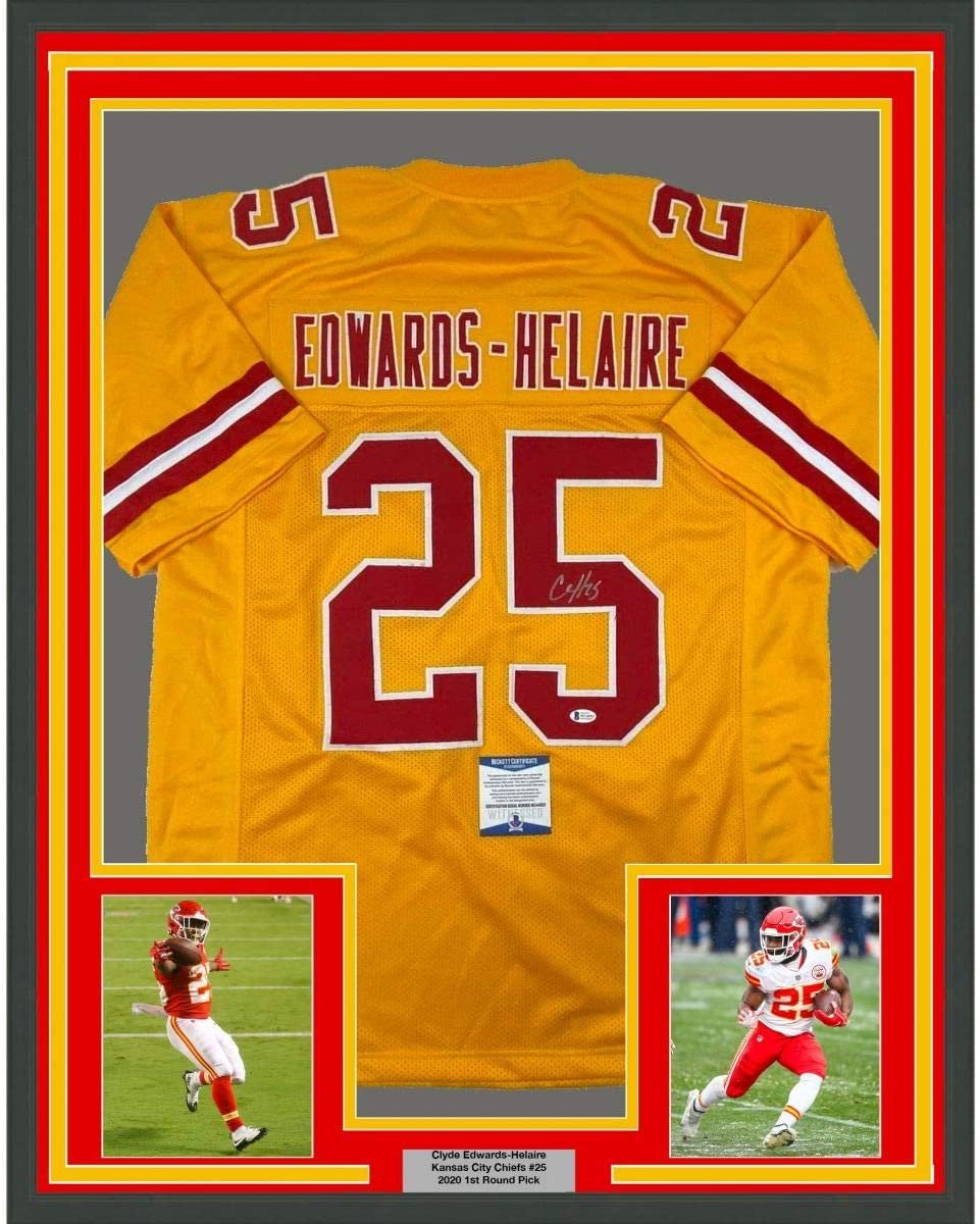 Framed Autographed/Signed Clyde Edwards-Helaire 35x39 Kansas City Yellow Football Jersey Beckett BAS COA