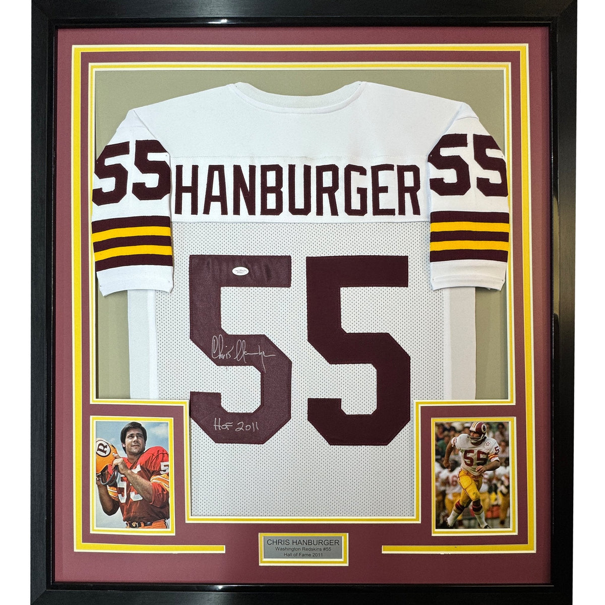 Framed Autographed/Signed Chris Hanburger 35x39 HOF 2011 Washington White Football Jersey JSA COA