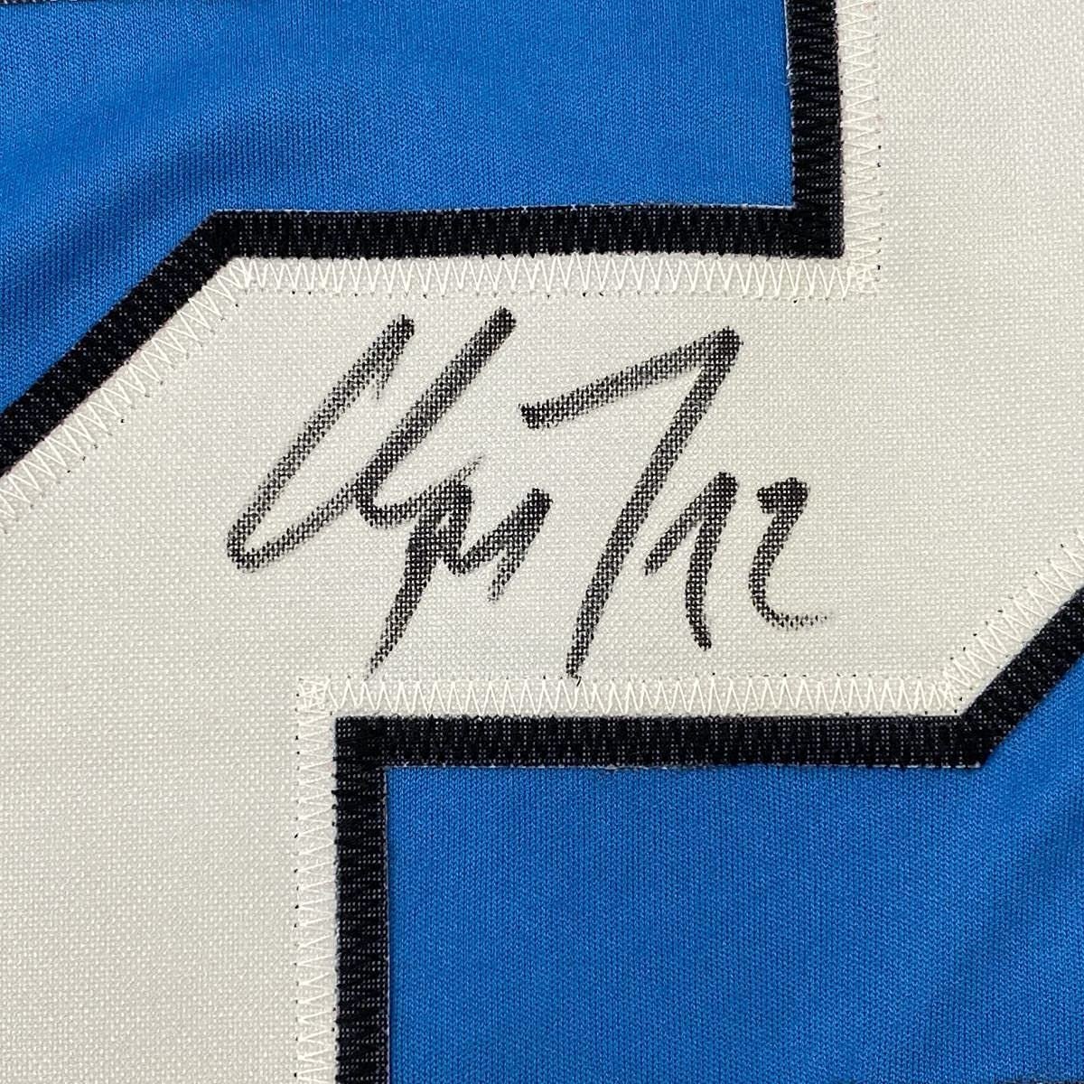 Framed Autographed/Signed Christian McCaffrey 35x39 Carolina Blue Football Jersey Beckett BAS COA
