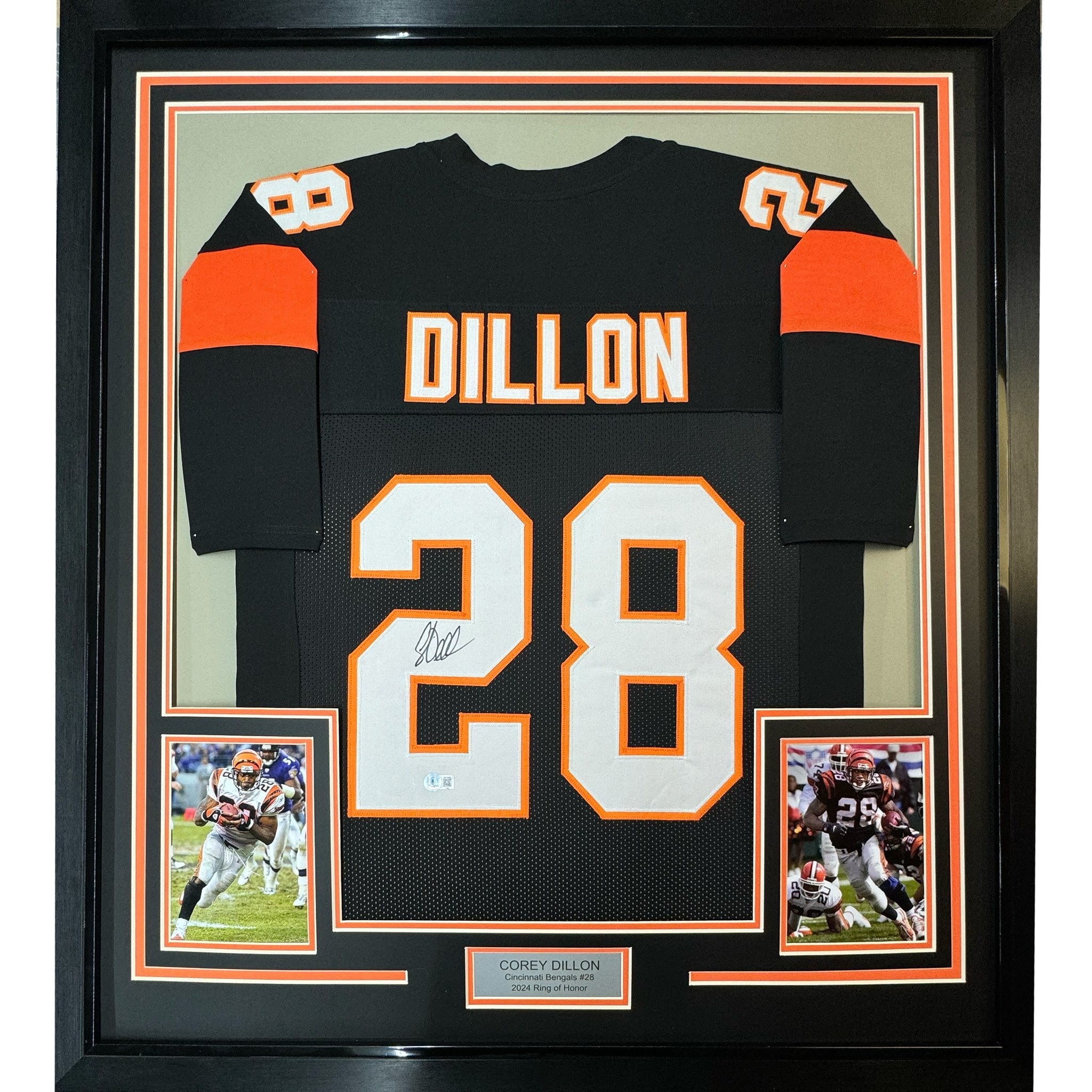 Framed Autographed/Signed Corey Dillon 35x39 Cincinnati Black Football Jersey Beckett BAS COA