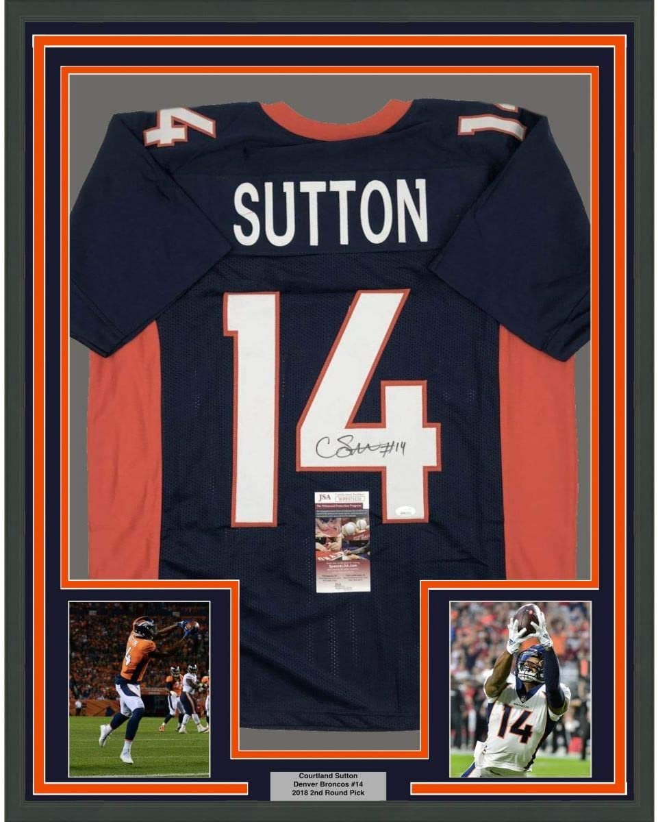 Framed Autographed/Signed Courtland Sutton 35x39 Denver Blue Football Jersey JSA COA