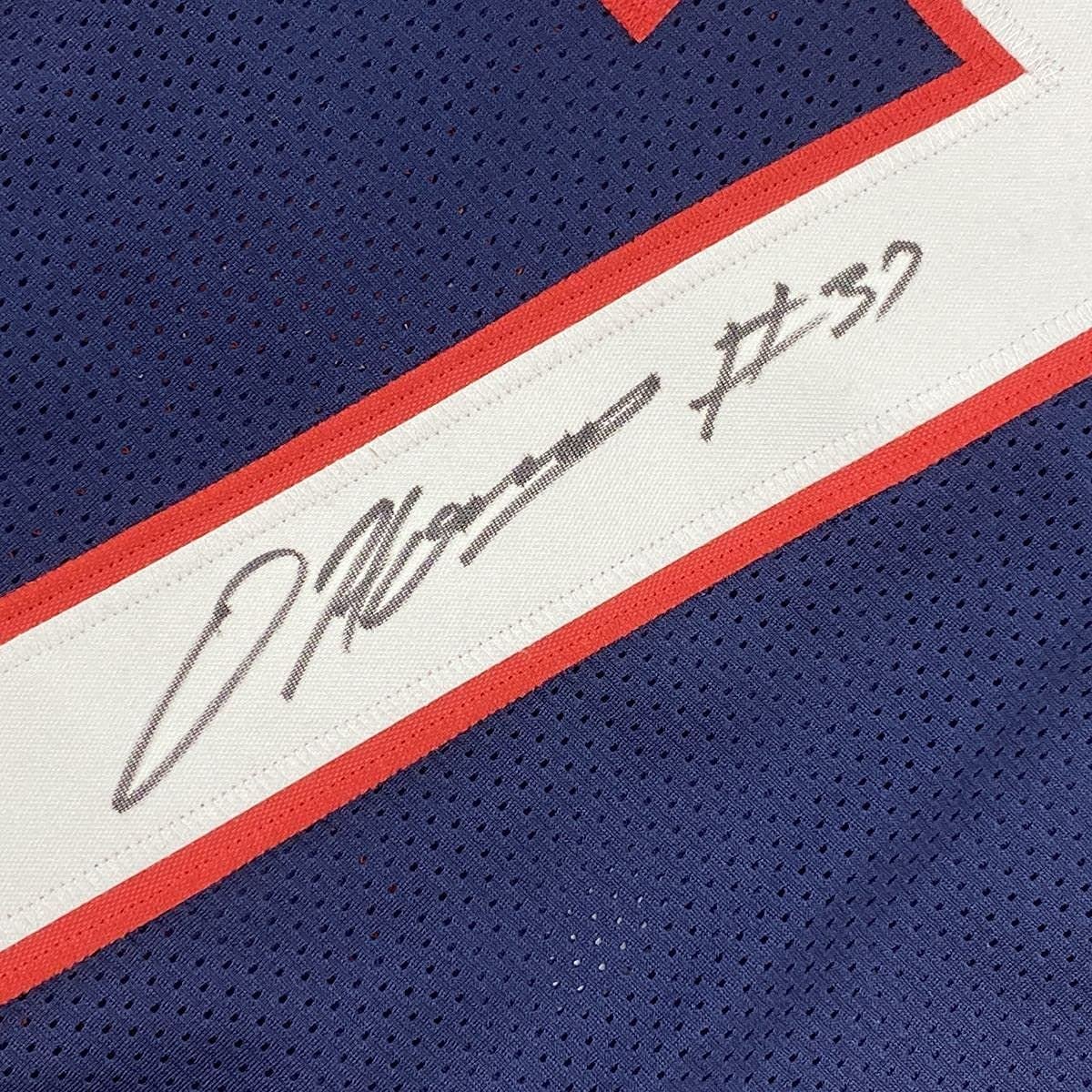 Framed Autographed/Signed Damien Harris 35x39 New England Blue Football Jersey Beckett BAS COA