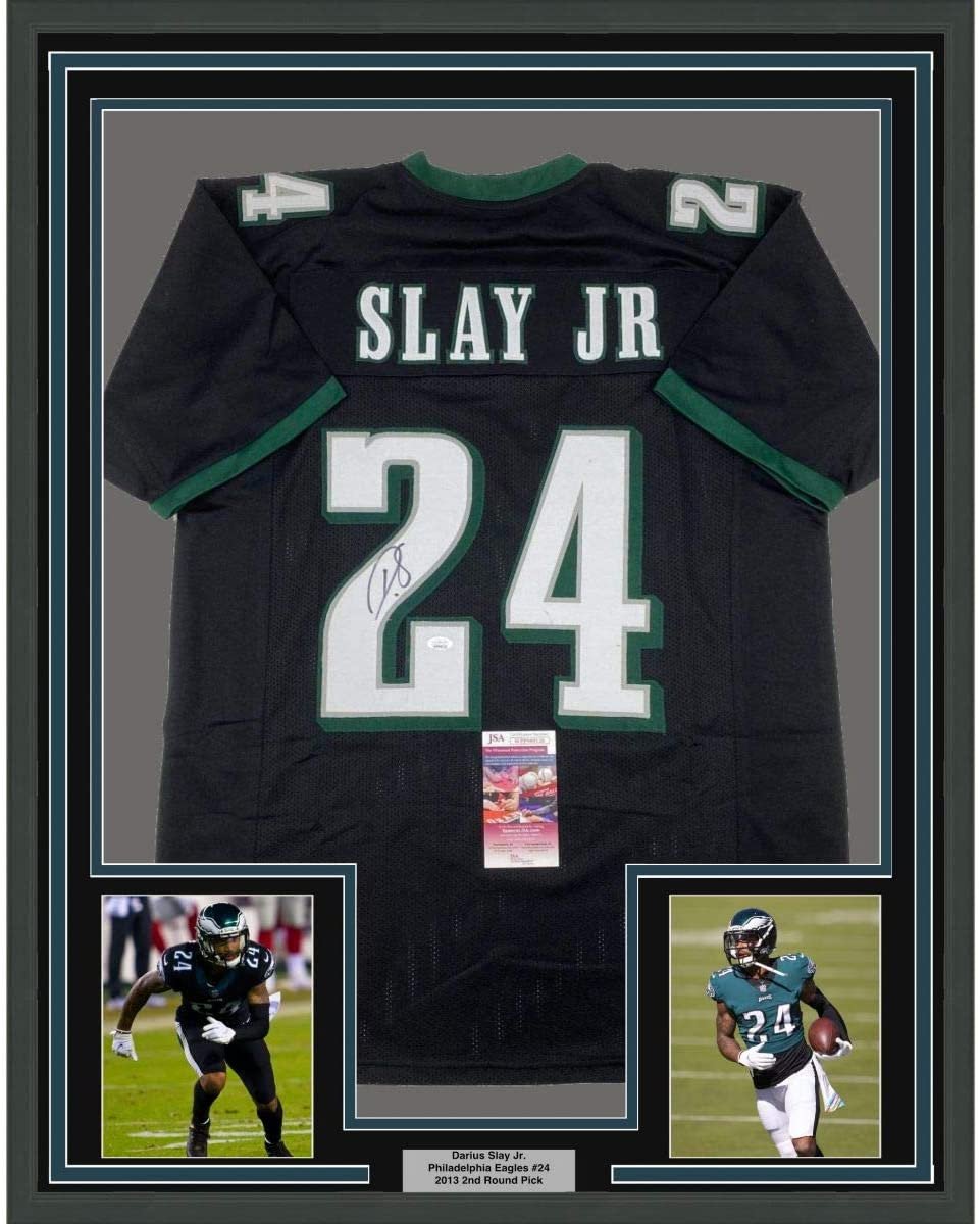Framed Autographed/Signed Darius Slay Jr. 35x39 Philadelphia Black Football Jersey JSA COA