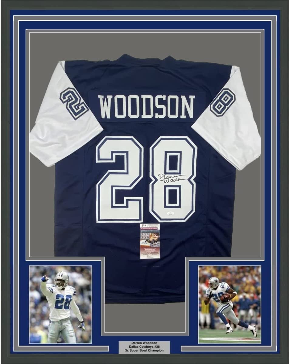 Framed Autographed/Signed Darren Woodson 35x39 Dallas Blue Football Jersey JSA COA