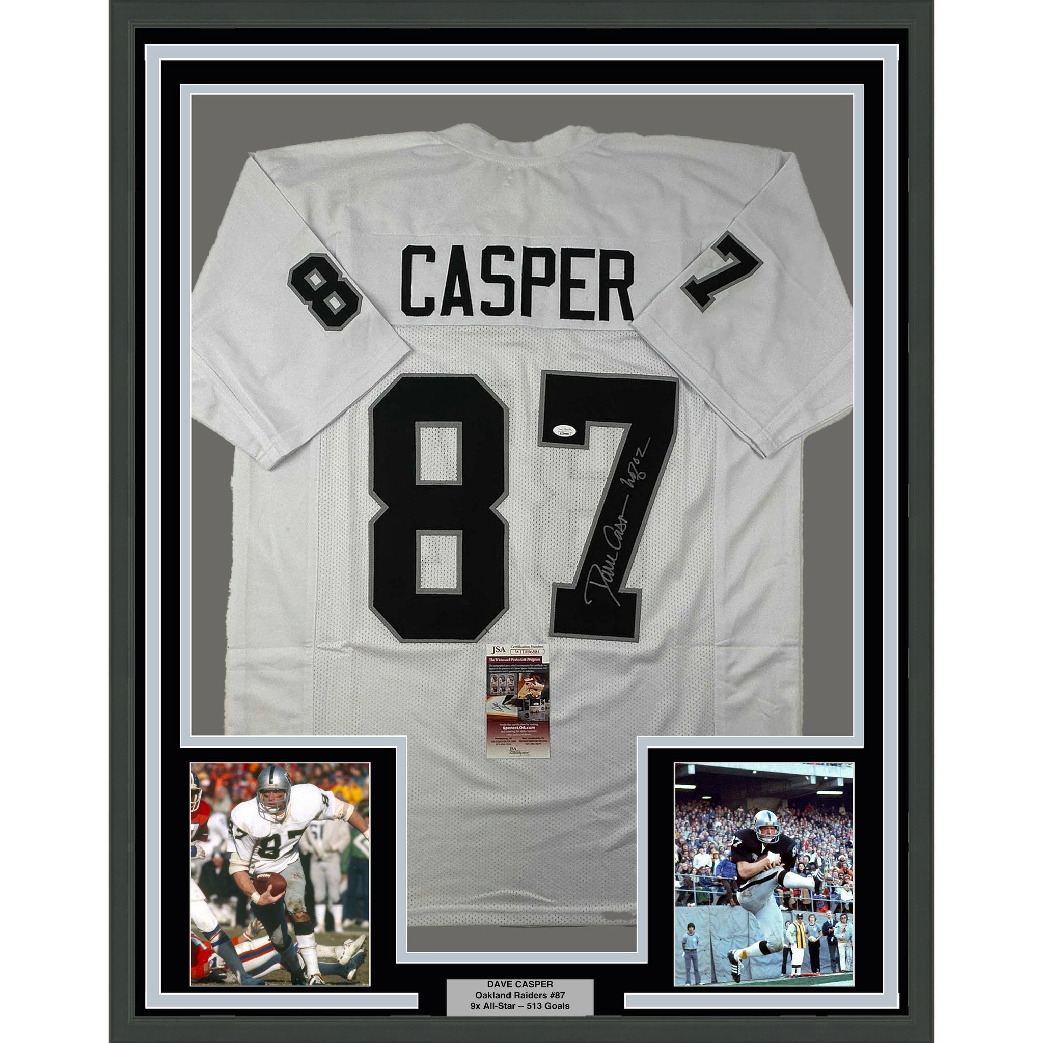 Framed Autographed/Signed Dave Casper 35x39 HOF 02 Oakland Las Vegas White Football Jersey JSA COA