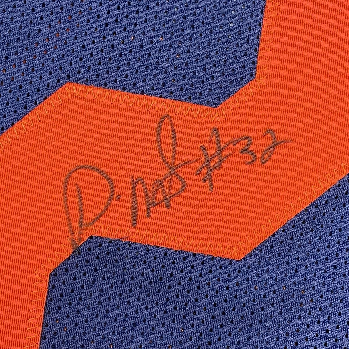 Framed Autographed/Signed David Montgomery 35x39 Chicago Retro Blue Football Jersey JSA COA