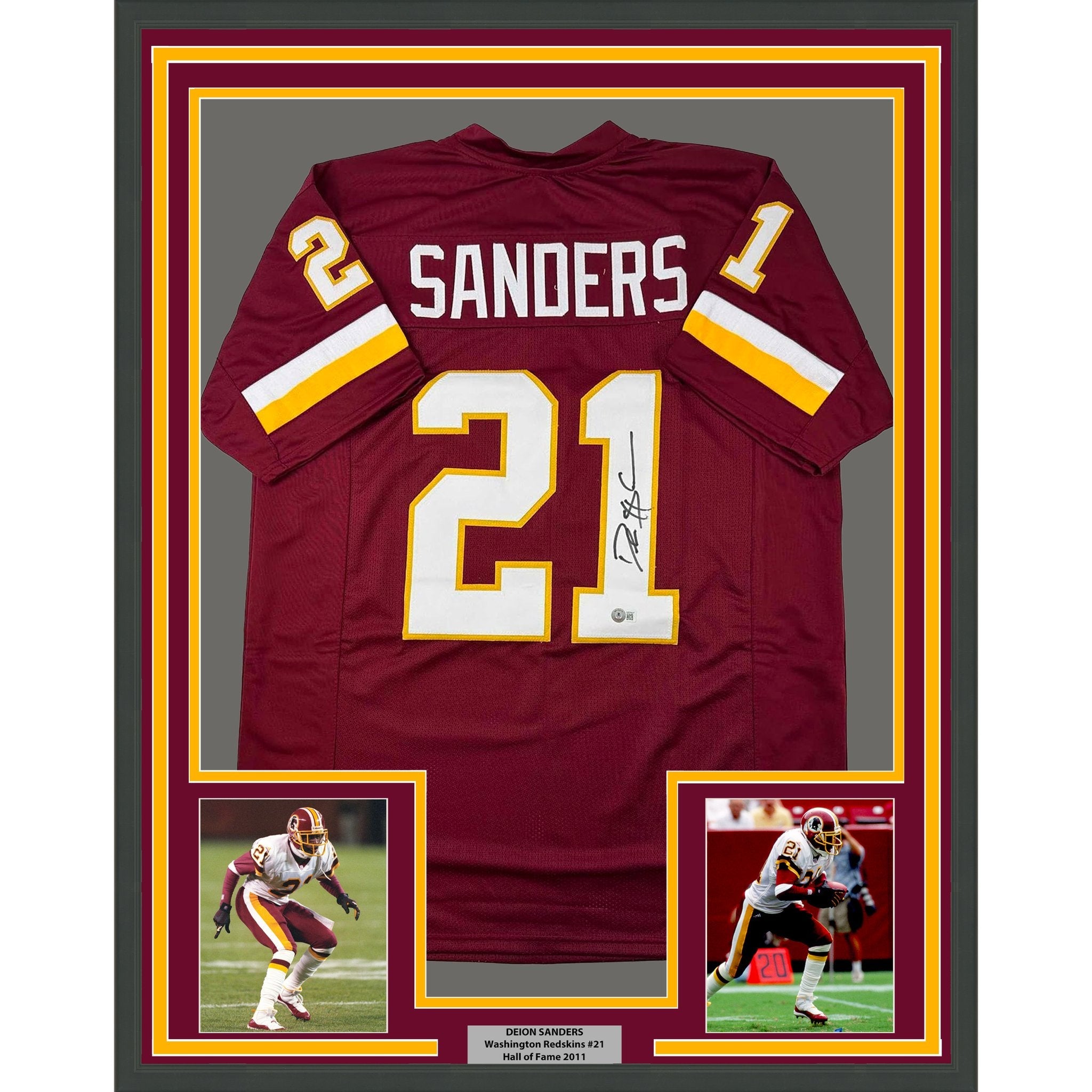 Framed Autographed/Signed Deion Sanders 35x39 Washington Burgundy Football Jersey Beckett BAS COA