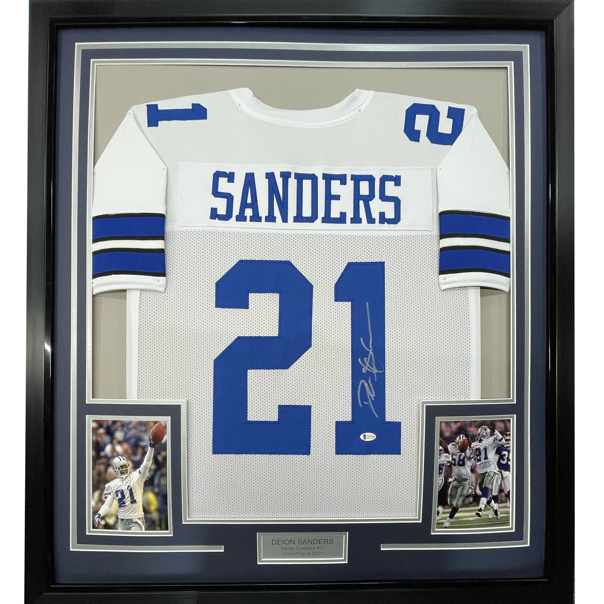 Framed Autographed/Signed Deion Sanders 35x39 Dallas White Football Jersey Beckett BAS COA
