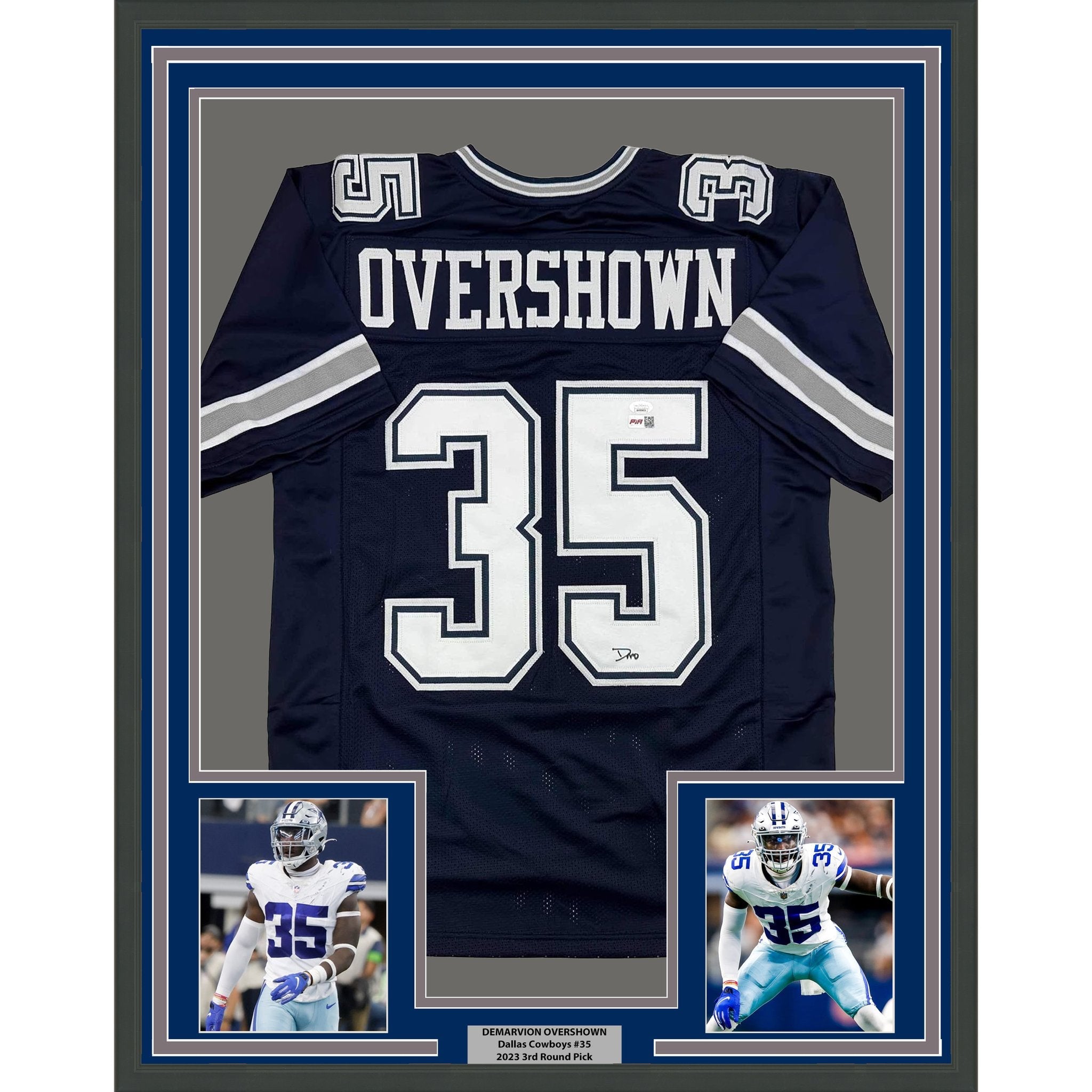Framed Autographed/Signed DeMarvion 35x39 Overshown Dallas Blue Football Jersey JSA COA