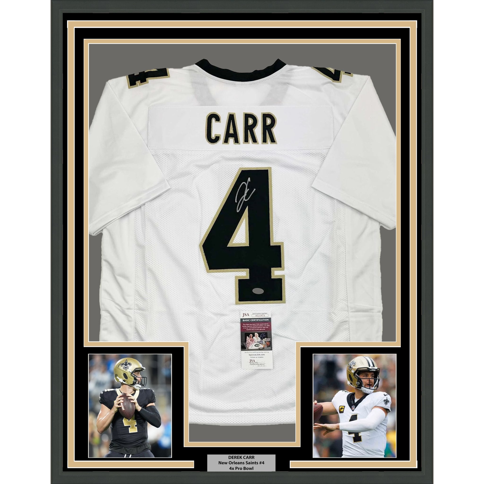 Framed Autographed/Signed Derek Carr 35x39 New Orleans White Football Jersey JSA COA