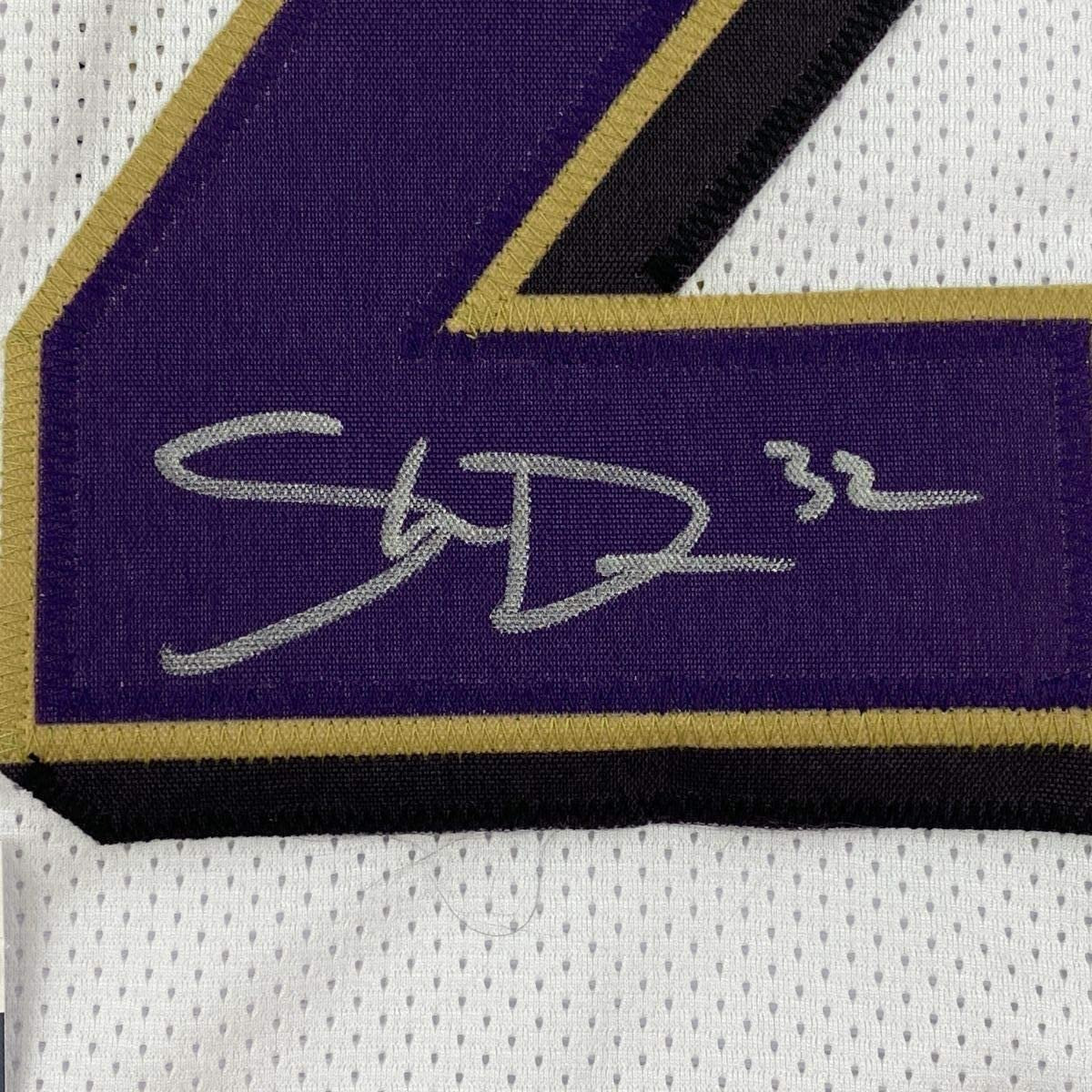 Framed Autographed/Signed DeShon Elliott 35x39 Baltimore White Football Jersey JSA COA