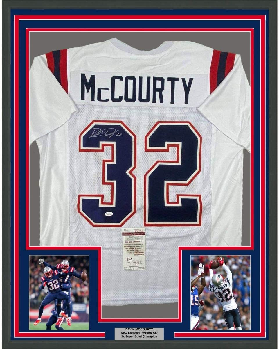 Framed Autographed/Signed Devin McCourty 35x39 New England White Football Jersey JSA COA