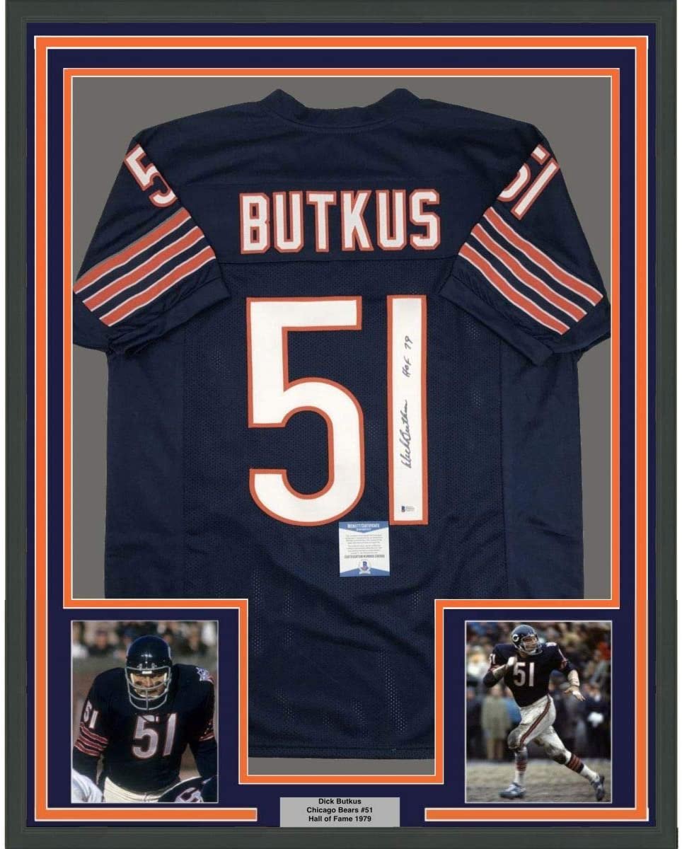Framed Autographed/Signed Dick Butkus HOF 79 35x39 Chicago Blue Football Jersey Beckett BAS COA