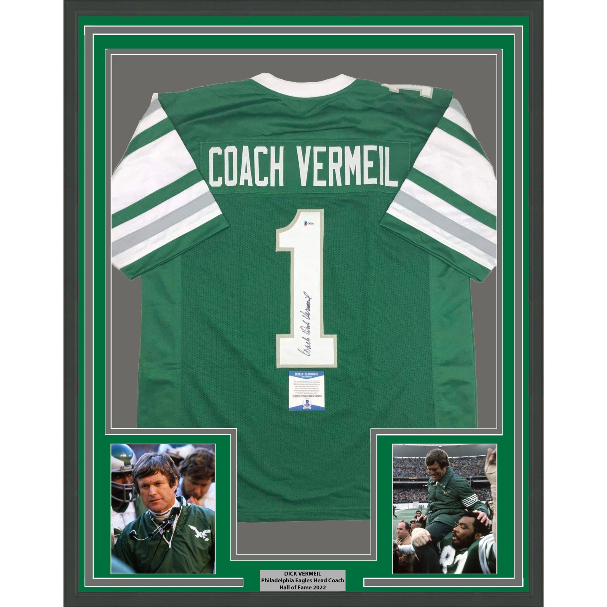 Framed Autographed/Signed Dick Vermeil 35x39 Philadelphia Green Football Jersey JSA COA