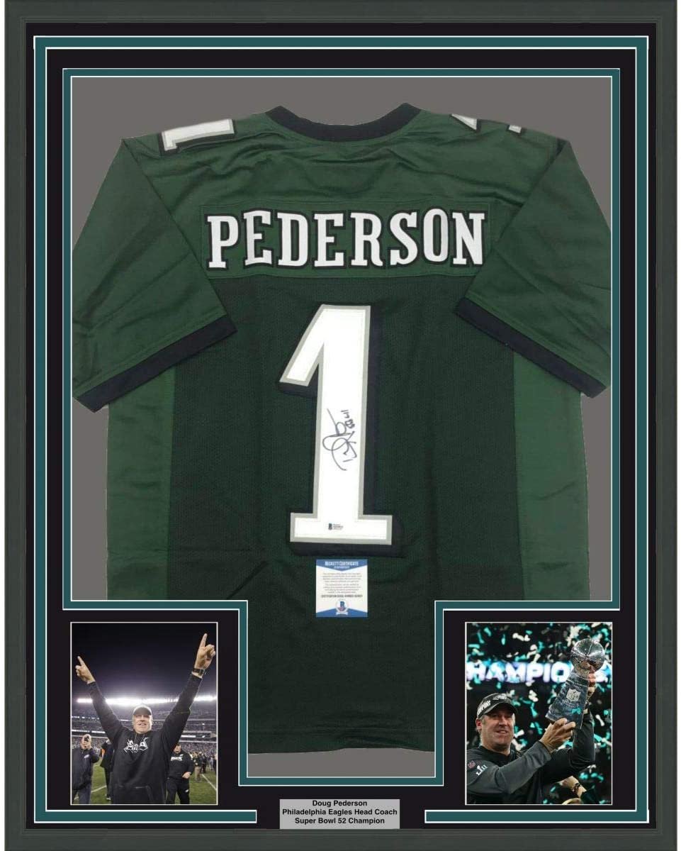 Framed Autographed/Signed Doug Pederson #1 35x39 Philadelphia Green Football Jersey Beckett BAS COA
