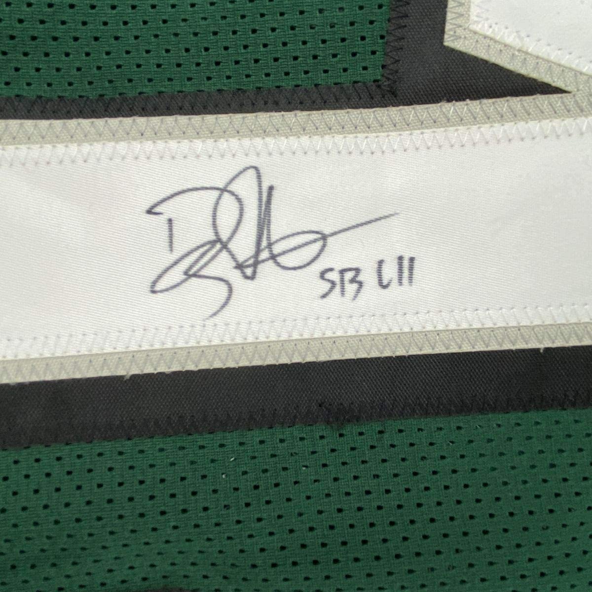 Framed Autographed/Signed Doug Pederson SB LII 35x39 Philadelphia Green Football Jersey JSA COA