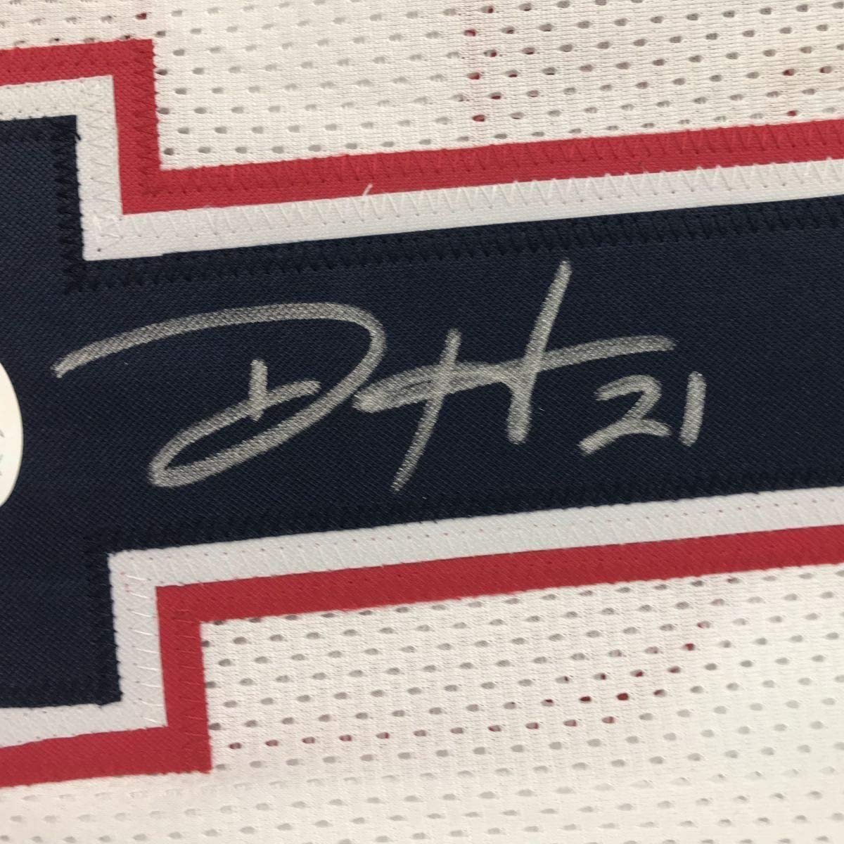 Framed Autographed/Signed Duron Harmon 35x39 New England White Football Jersey JSA COA