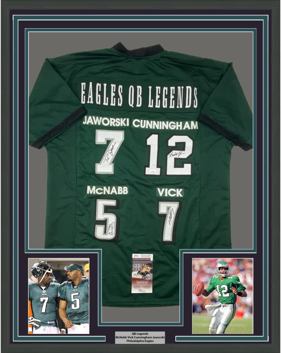 Framed Autographed/Signed Eagles QB Legends McNabb Cunningham Vick Jaworski 35x39 Philadelphia Green Football Jersey JSA COA