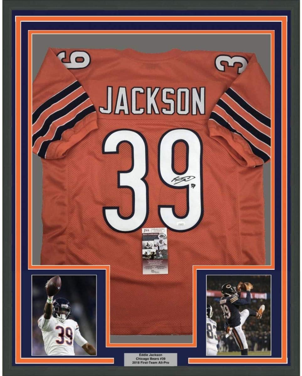 Framed Autographed/Signed Eddie Jackson 35x39 Chicago Orange Football Jersey JSA COA