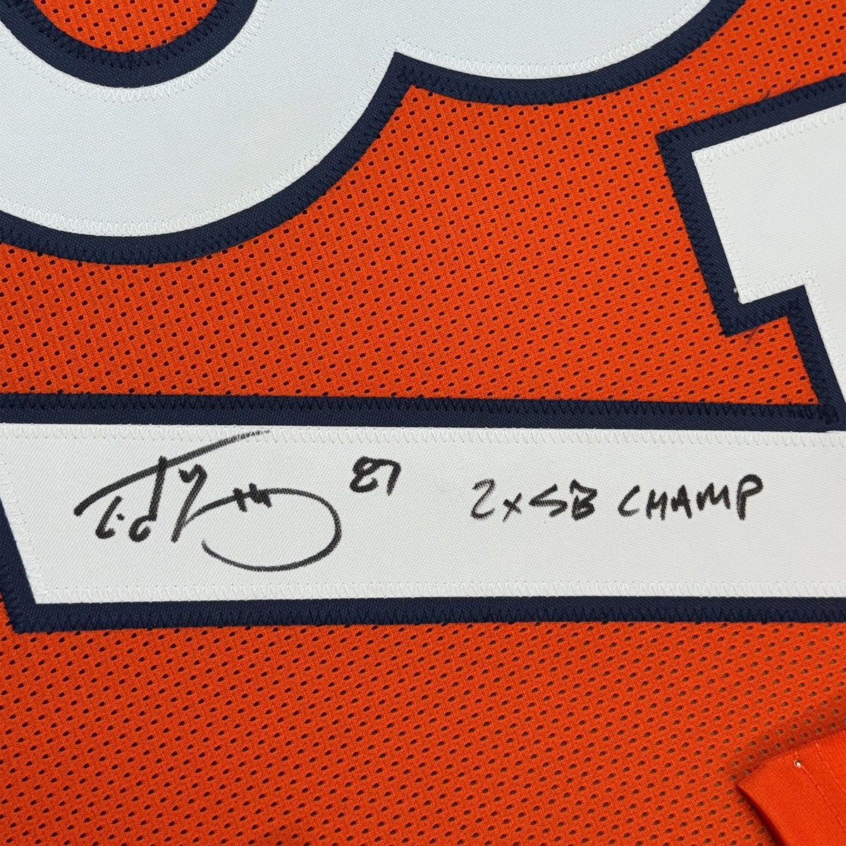 Framed Autographed/Signed Ed McCaffrey 35x39 2x SB Champs Denver Orange Football Jersey Beckett BAS COA