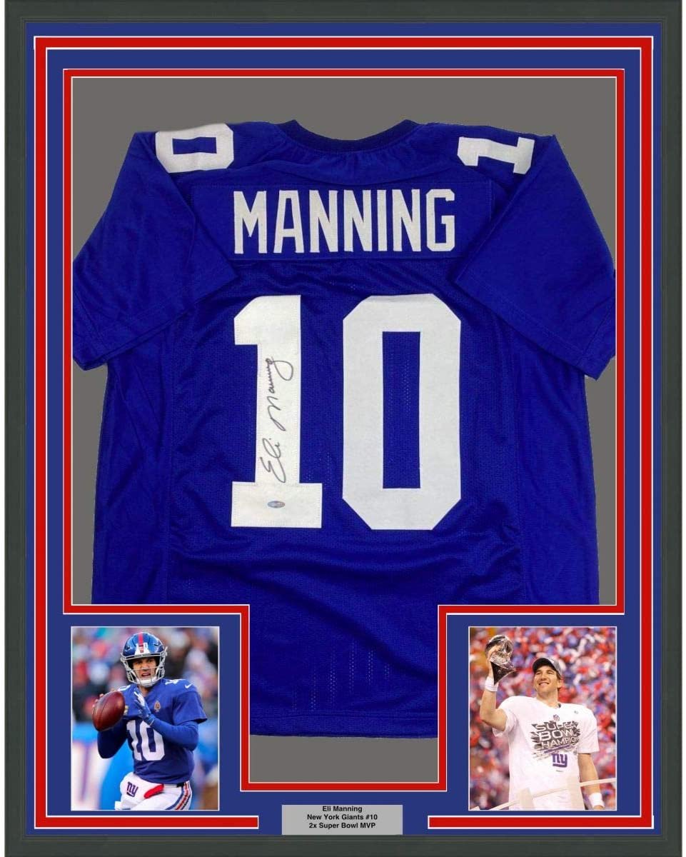 Framed Autographed/Signed Eli Manning 35x39 New York Blue Football Jersey Steiner Sports COA Hologram Only