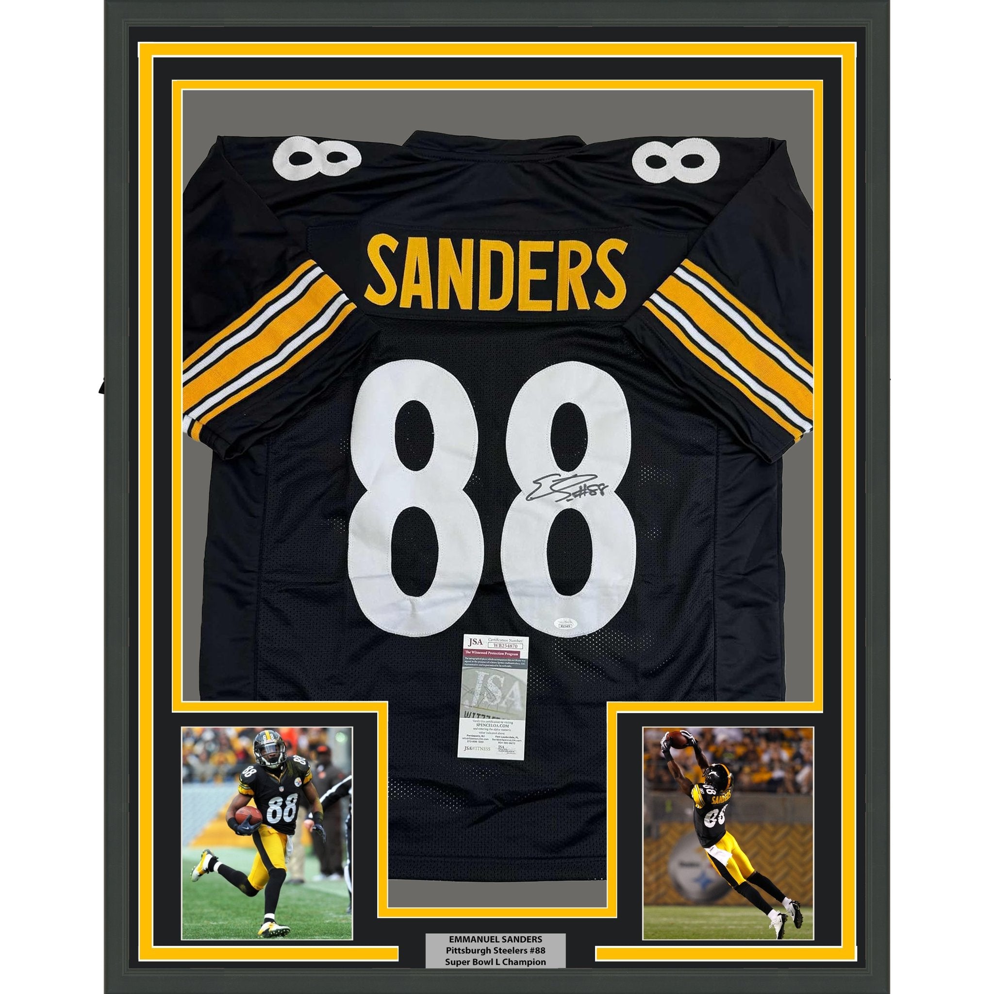 Framed Autographed/Signed Emmanuel Sanders 35x39 Pittsburgh Black Football Jersey JSA COA
