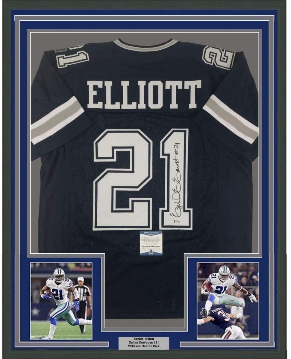 Framed Autographed/Signed Ezekiel Elliott 35x39 Dallas Dark Blue Football Jersey Beckett BAS COA