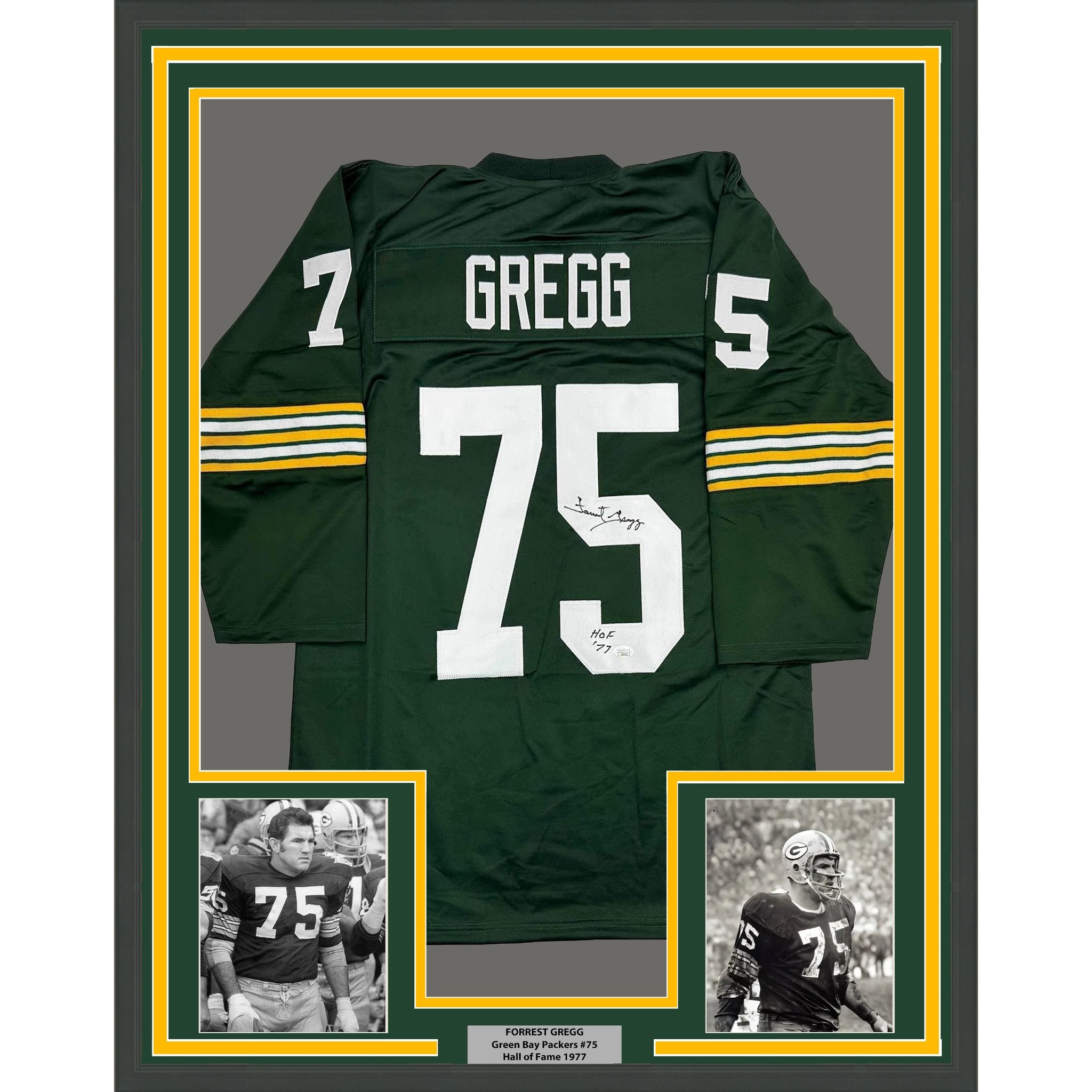 Framed Autographed/Signed Forrest Gregg HOF 77 35x39 Green Bay Green Football Jersey JSA COA