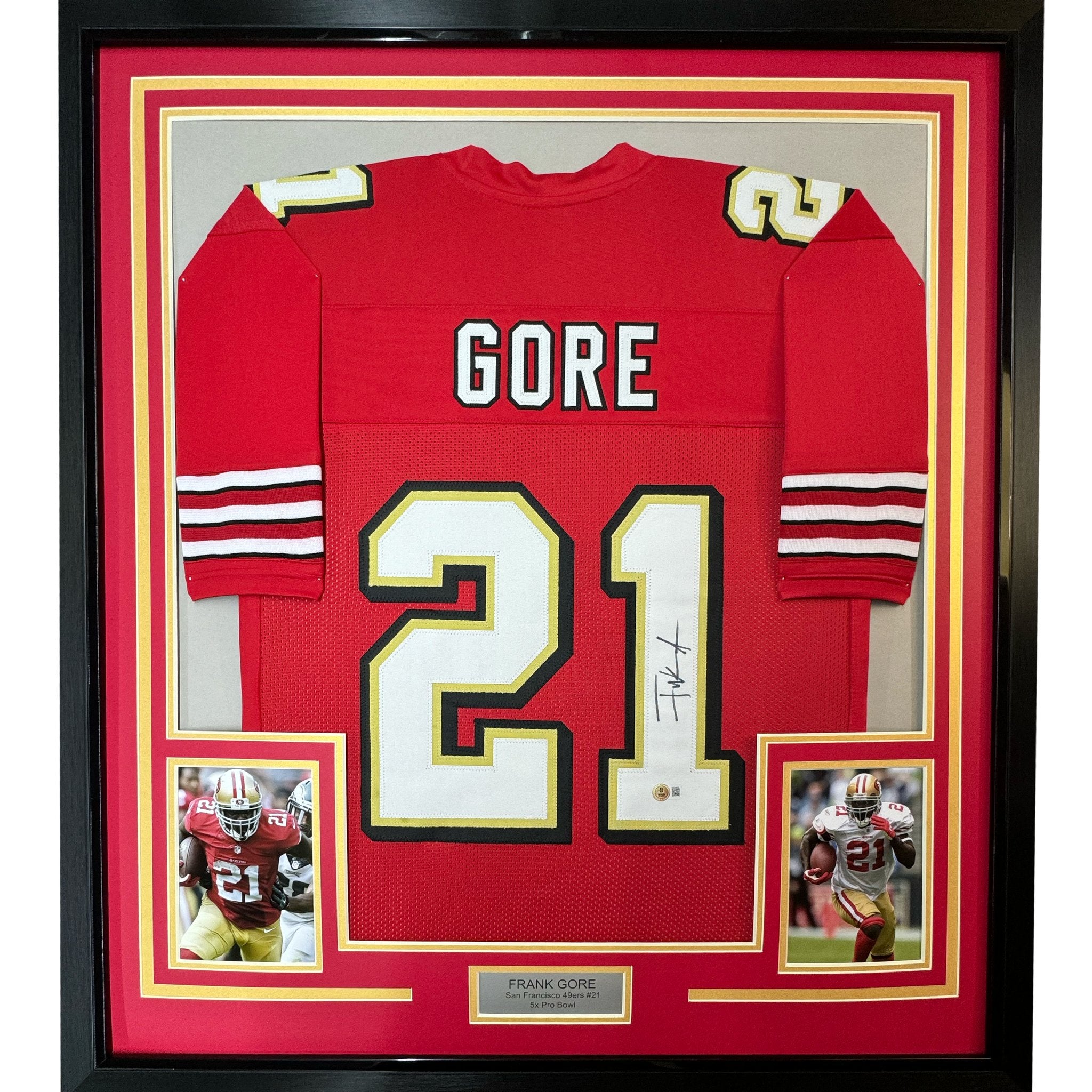 Framed Autographed/Signed Frank Gore 35x39 San Francisco Red Alternate Football Jersey Beckett BAS COA