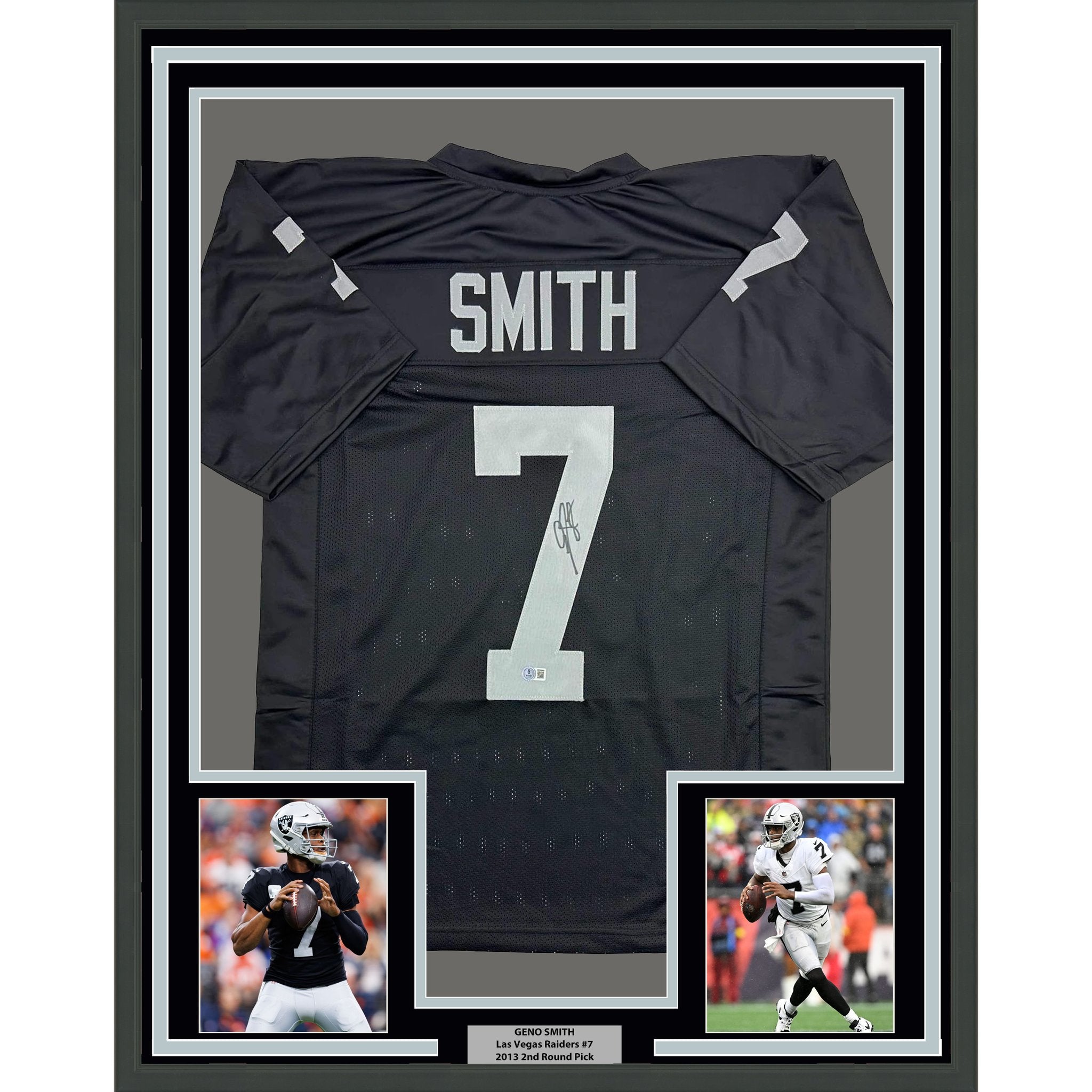 Framed Autographed/Signed Geno Smith 35x39 Oakland Black Football Jersey Beckett BAS COA