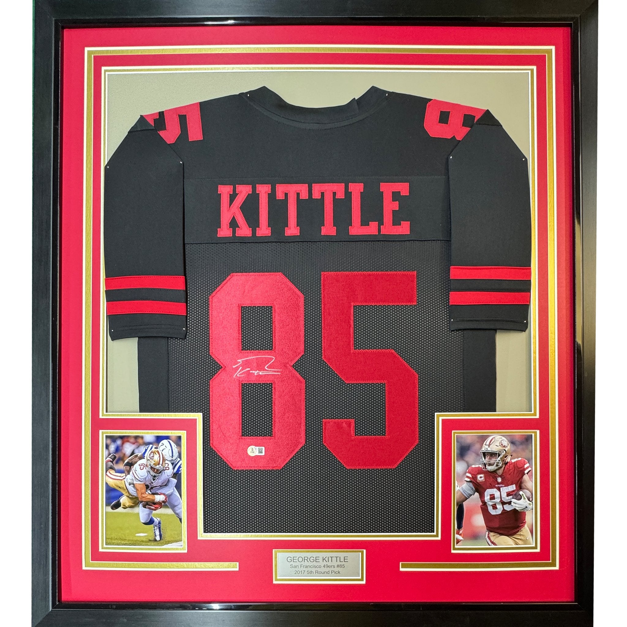 Framed Autographed/Signed George Kittle 35x39 San Francisco Black Football Jersey Beckett BAS COA