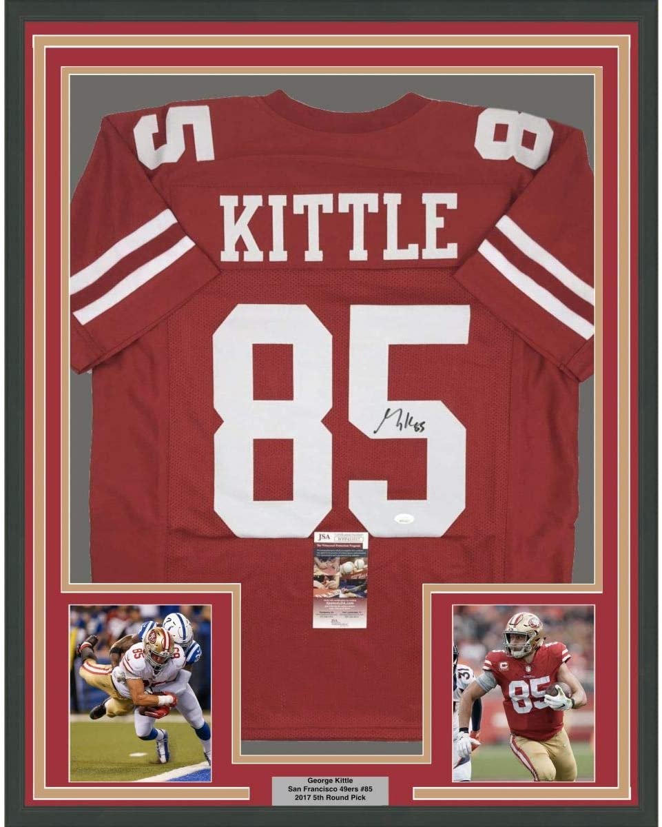 Framed Autographed/Signed George Kittle 35x39 San Francisco Red Football Jersey JSA COA