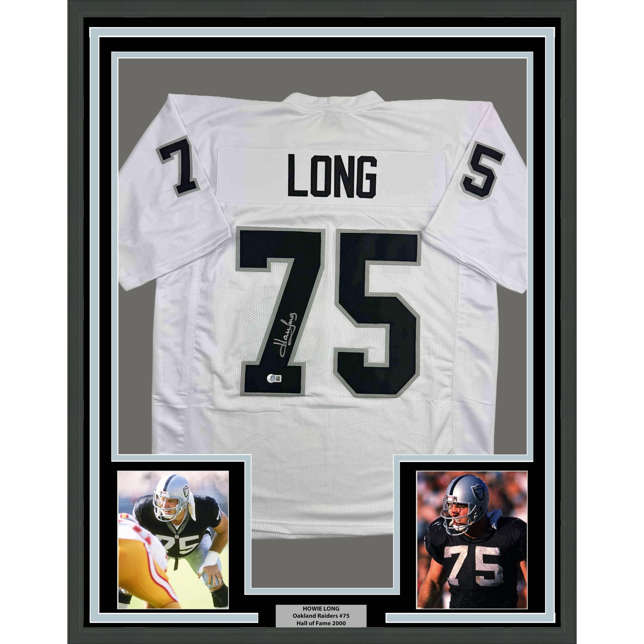 Framed Autographed/Signed Howie Long 35x39 Oakland White Football Jersey Beckett BAS COA