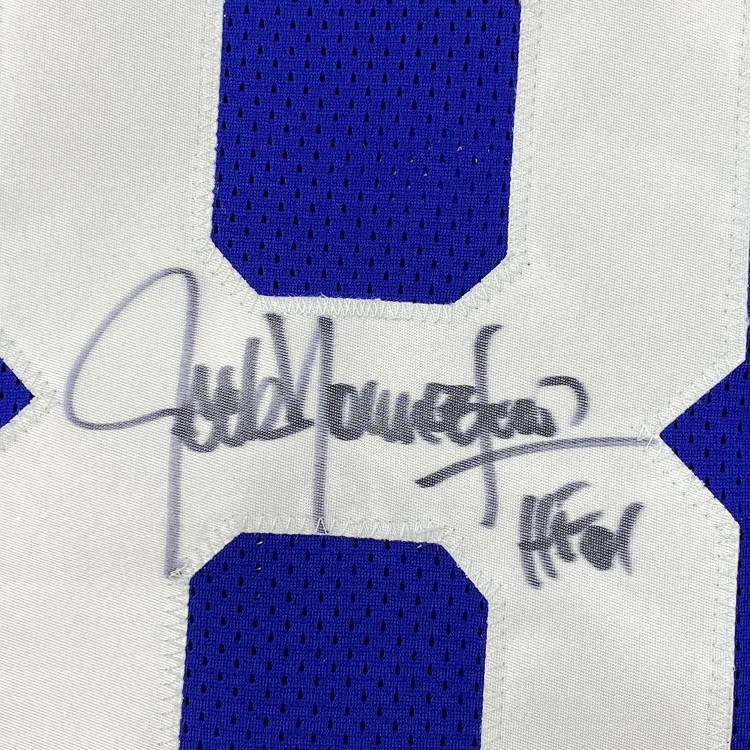 Framed Autographed/Signed Jack Youngblood 35x39 HOF 01 Los Angeles LA Blue/White Football Jersey JSA COA