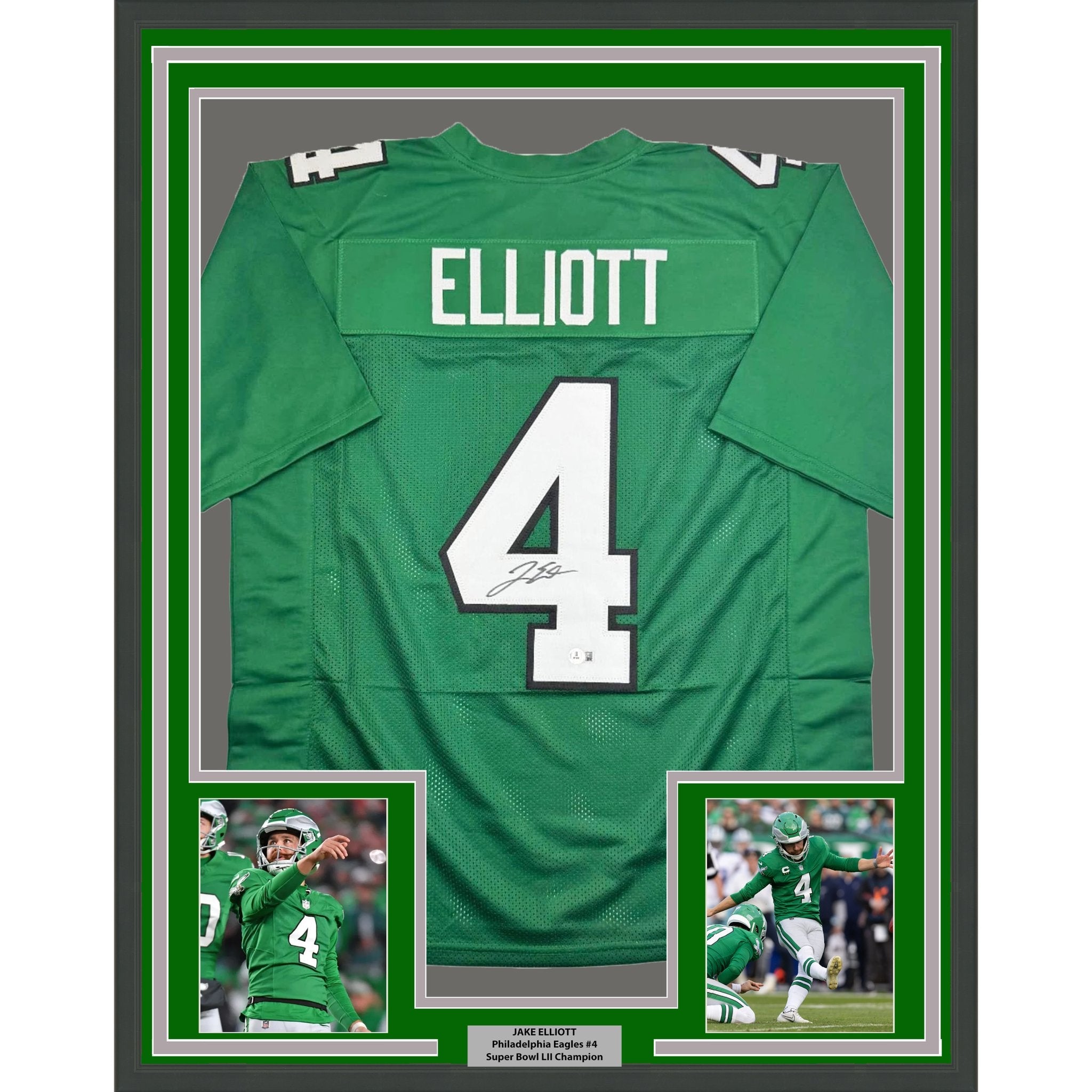 Framed Autographed/Signed Jake Elliott 35x39 Philadelphia Kelly Green Football Jersey Beckett BAS COA