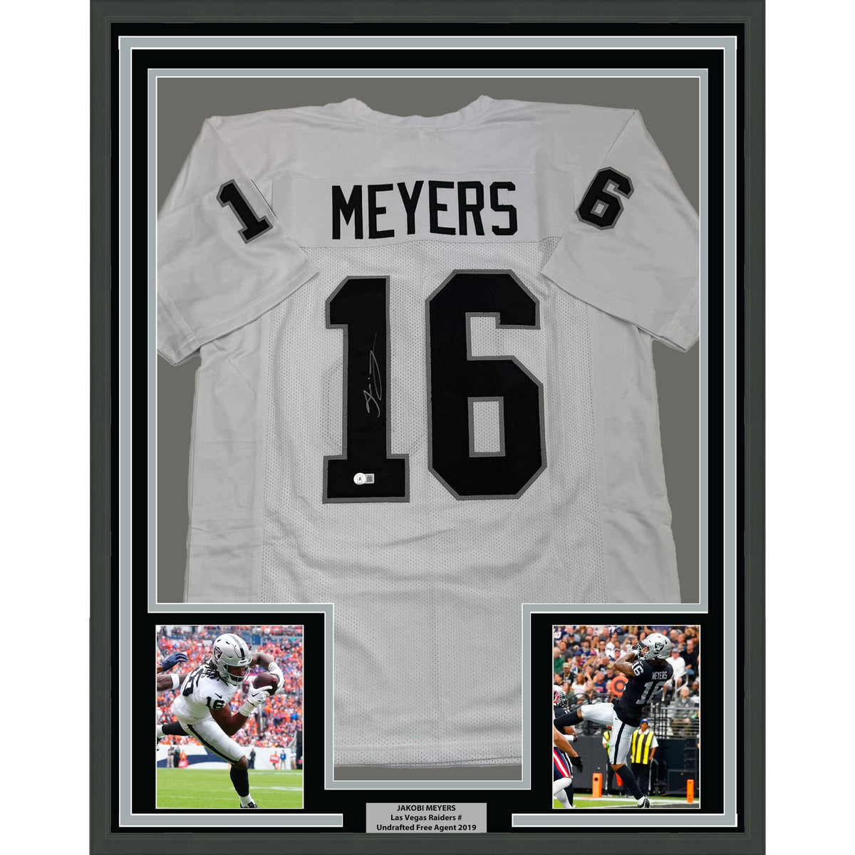 Framed Autographed/Signed Jakobi Meyers 35x39 Las Vegas Oakland White Football Jersey Beckett BAS COA