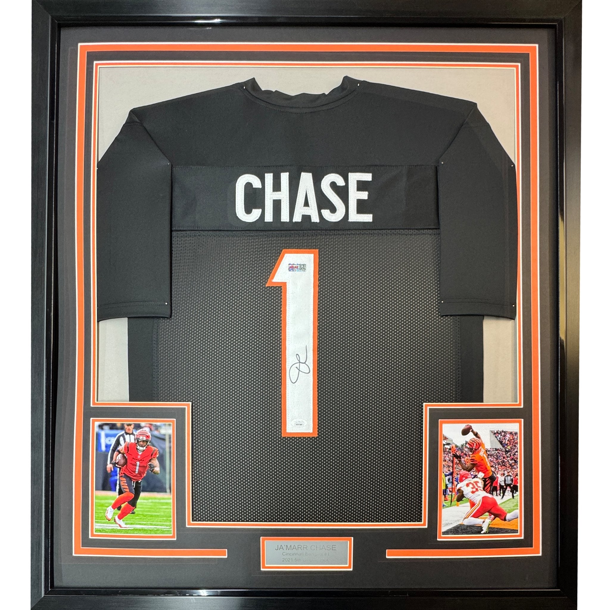 Framed Autographed/Signed Ja'Marr Chase 35x39 Cincinnati Black Football Jersey JSA COA