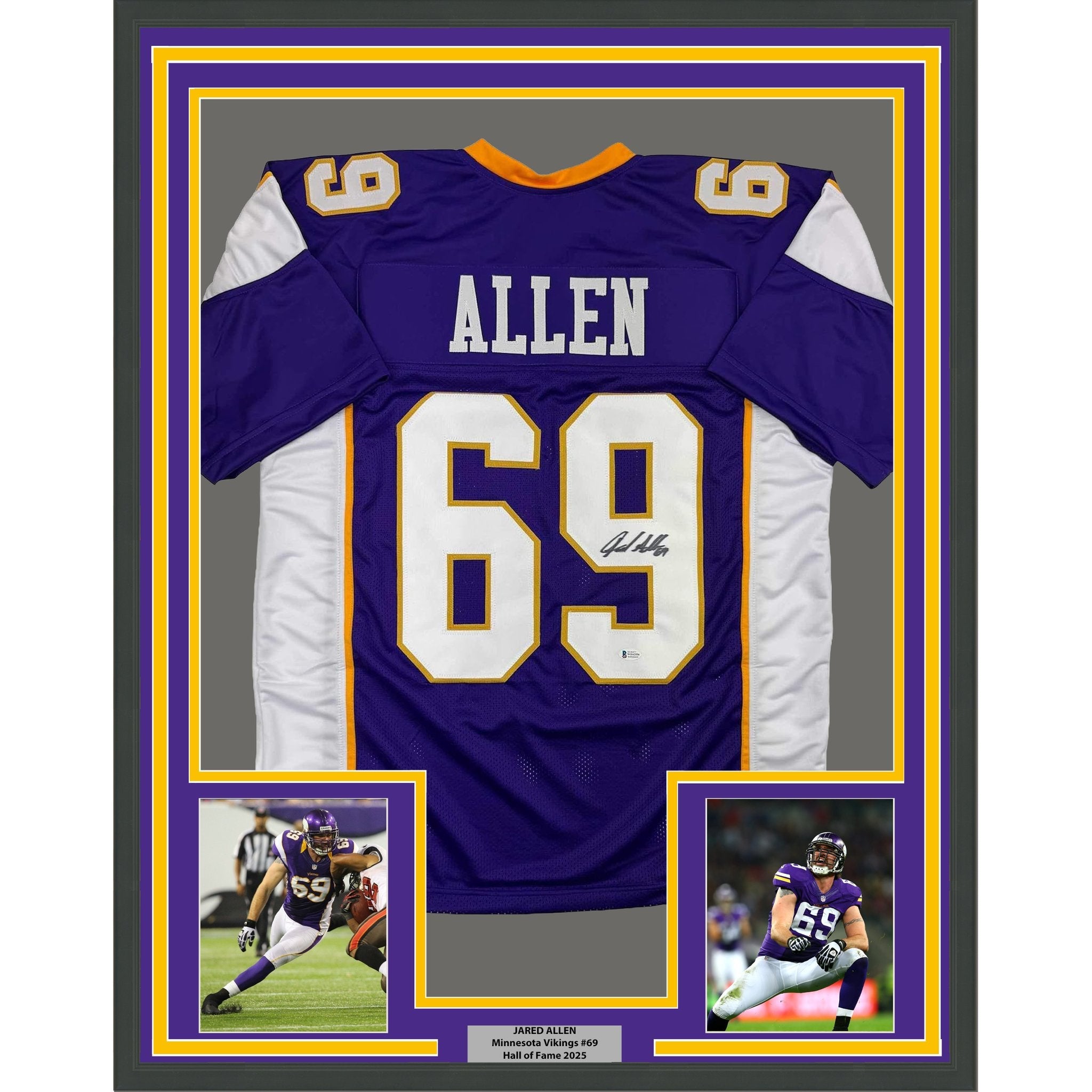 Framed Autographed/Signed Jared Allen 35x39 Minnesota Purple Football Jersey Beckett BAS COA