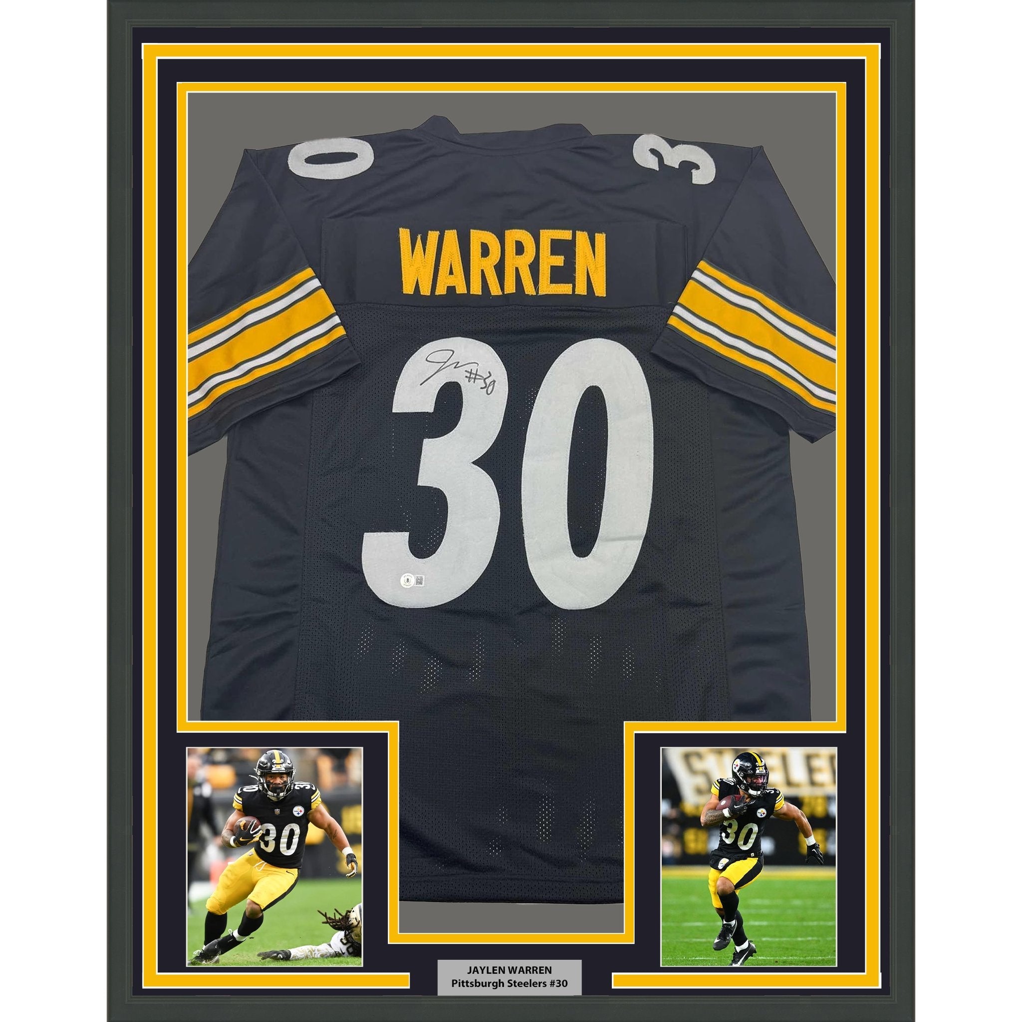 Framed Autographed/Signed Jaylen Warren 35x39 Pittsburgh Black Football Jersey Beckett BAS COA