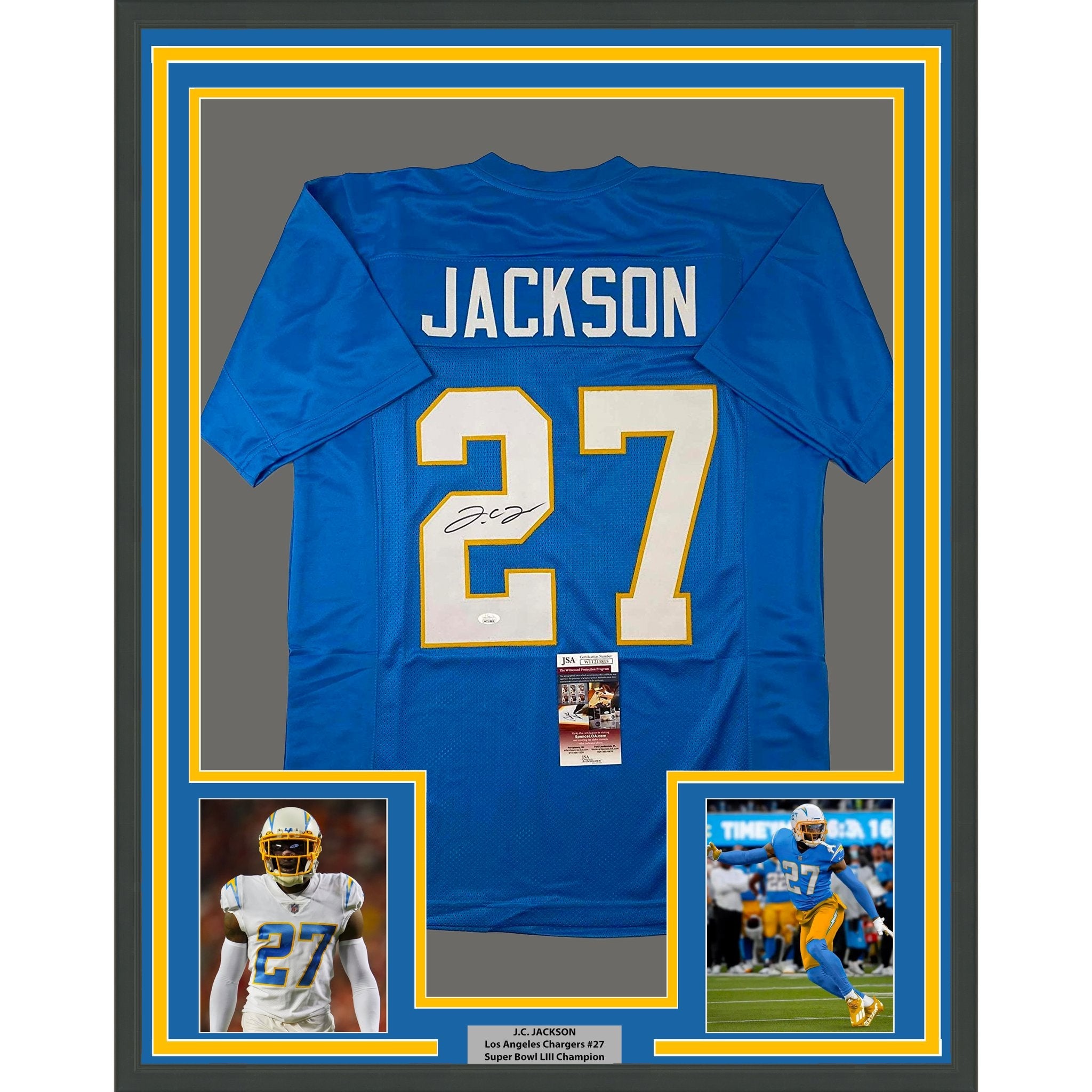 Framed Autographed/Signed JC J.C. Jackson 35x39 Los Angeles LA Powder Blue Football Jersey JSA COA
