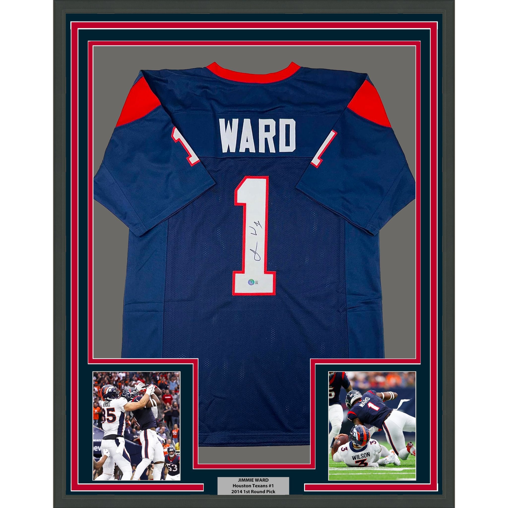 Framed Autographed/Signed Jimmie Ward 35x39 Houston Blue Football Jersey Beckett BAS COA