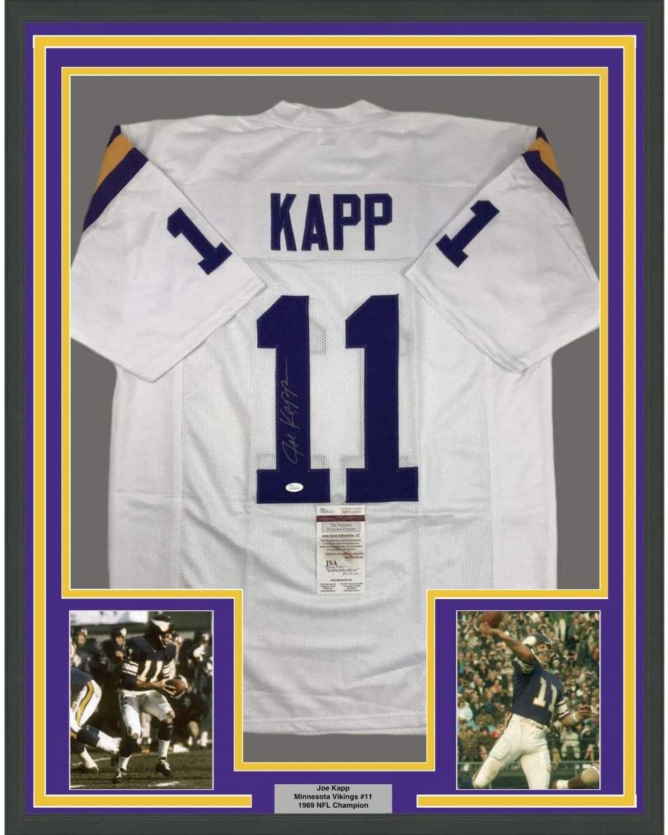 Framed Autographed/Signed Joe Kapp 35x39 Minnesota White Football Jersey JSA COA