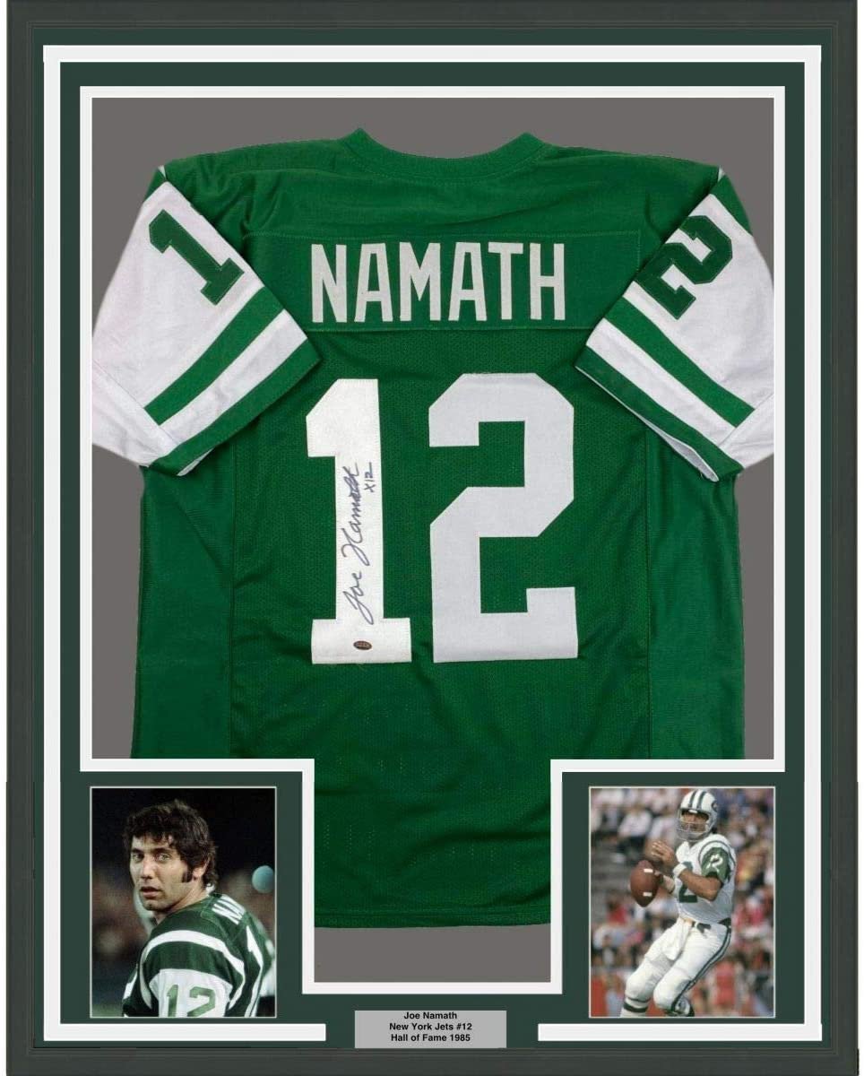 Framed Autographed/Signed Joe Namath 35x39 New York Green Football Jersey GTSM COA Holo Only
