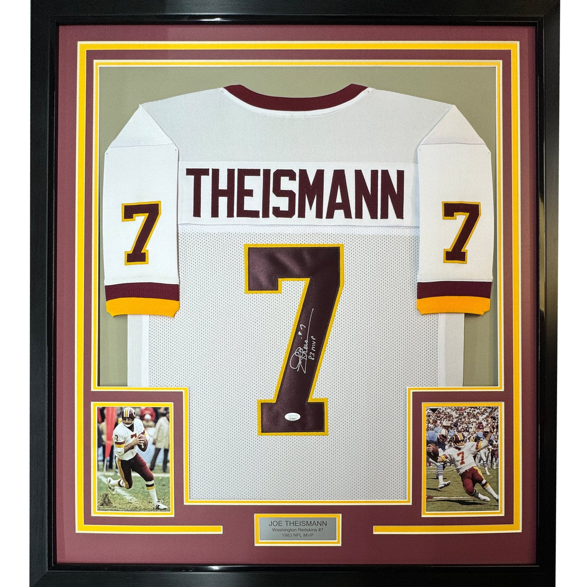 Framed Autographed/Signed Joe Theismann 35x39 83 MVP Washington White Football Jersey Beckett BAS COA